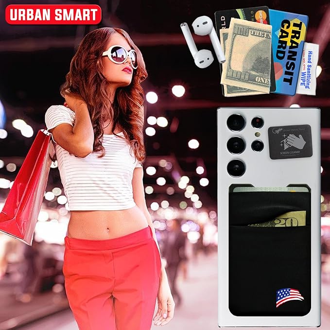 Gecko Travel Tech Double Pocket - Adhesive Card Holder - Cell Phone Pouch - Stick on Spandex Pocket - Carry Credit Cards and Cash (USA BRUSH)