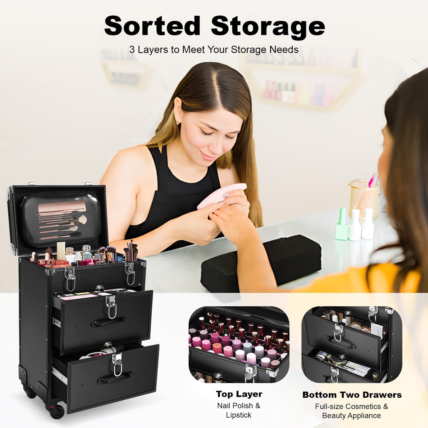 Rolling Makeup Train Case Professional Cosmetics Storage Organizer with Wheels & Dividers & Locks, Large Storage Cosmetic Trolley Traveling Cart Trunk for Hairdresser, Makeup Artist (Black)