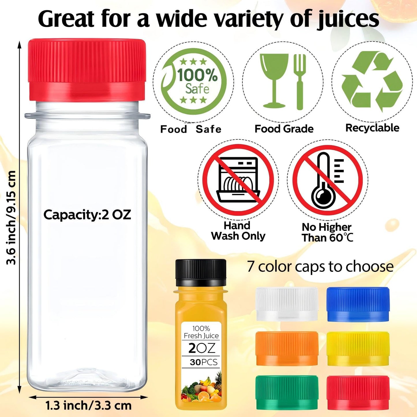 Roshtia 100 Pcs 2oz Small Clear Plastic Juice Bottles with Lid for Liquids Reusable Ginger Shots Bottle Vial Beverage Container Leak Proof Mini Jars for Juice, Milk, Water (Mixed Color)