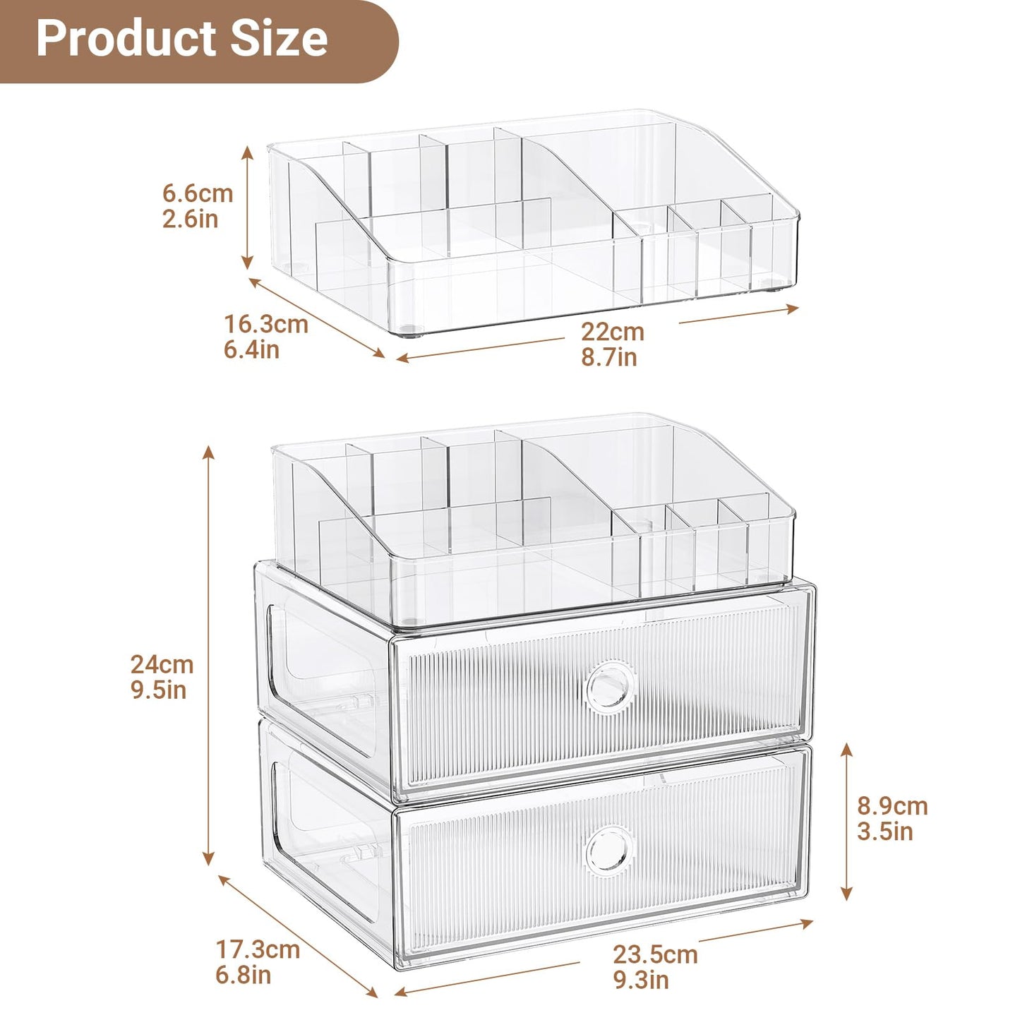 HOMETUK 3 Tier Clear Makeup Organizer with Drawer, PET Cosmetic Storage for Dresser, Countertop & Bathroom Vanity, Holders for Lipstick, Brushes, Skincare & Beauty Supplies