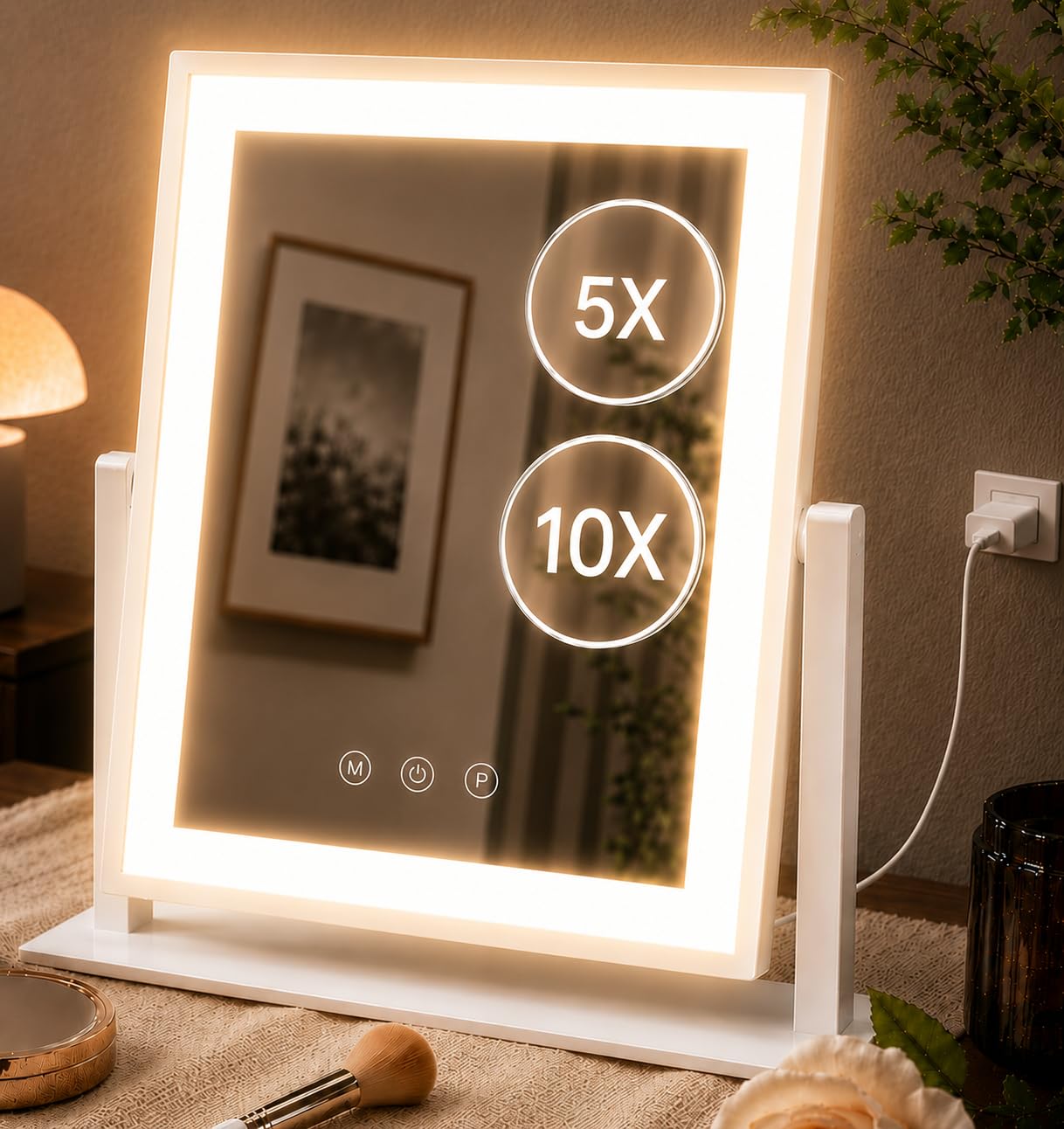 DECADENCE 14.1 Inch LED Vanity Makeup Mirror with Lights for Women and Mom, 10X/5X Detachable Magnifiers, 3 Color Modes, Dimmable Touch Control, 360 Degree Rotation, Tabletop Cosmetic Mirror