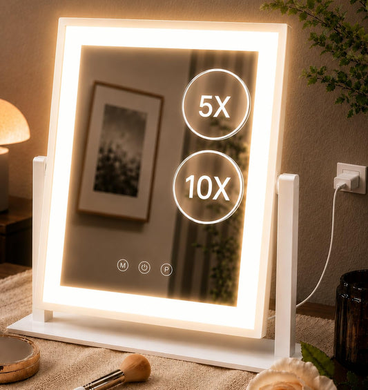 DECADENCE 14.1 Inch LED Vanity Makeup Mirror with Lights for Women and Mom, 10X/5X Detachable Magnifiers, 3 Color Modes, Dimmable Touch Control, 360 Degree Rotation, Tabletop Cosmetic Mirror