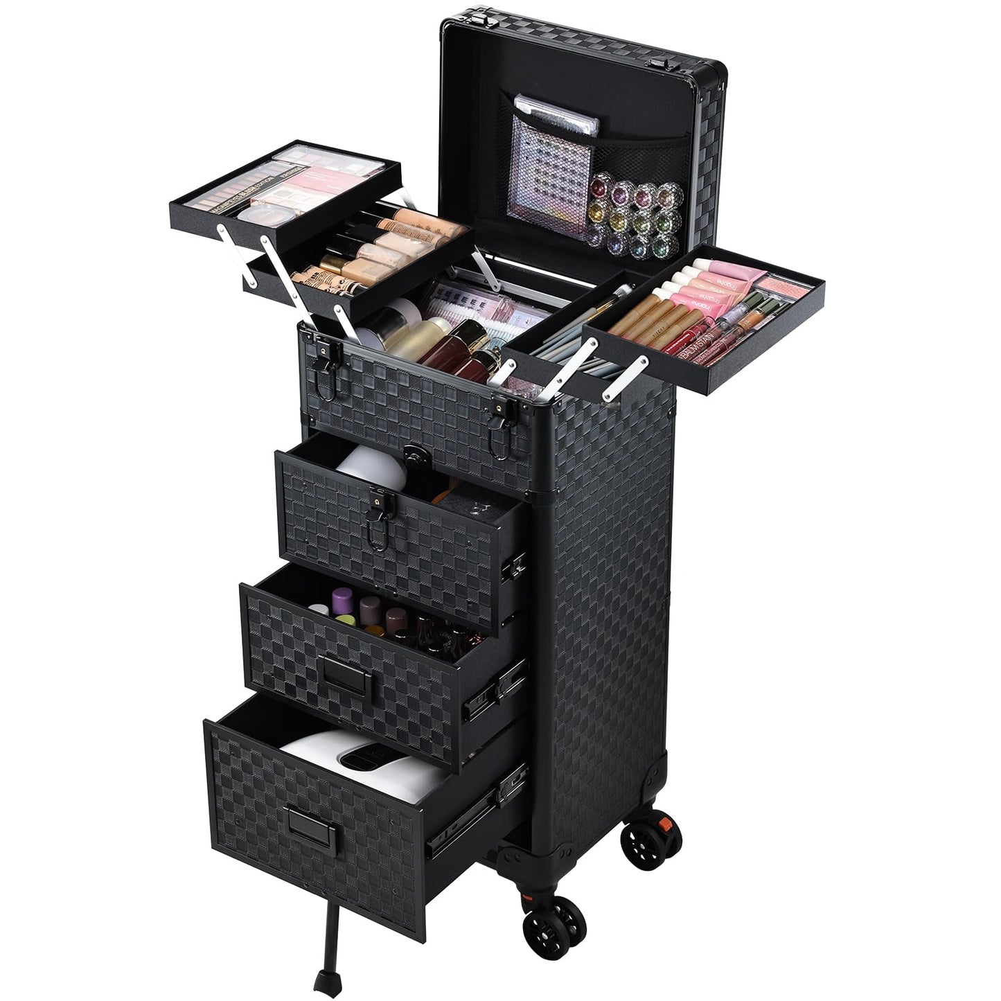 Stagiant Rolling Makeup Case with Drawers Cosmetology Case on Wheels 4 IN 1 Makeup Case 3 Drawers with Foot Stand Spring-release Mechanism Rolling Make Up Organizer for Artist Salon Nail Teach Trunk