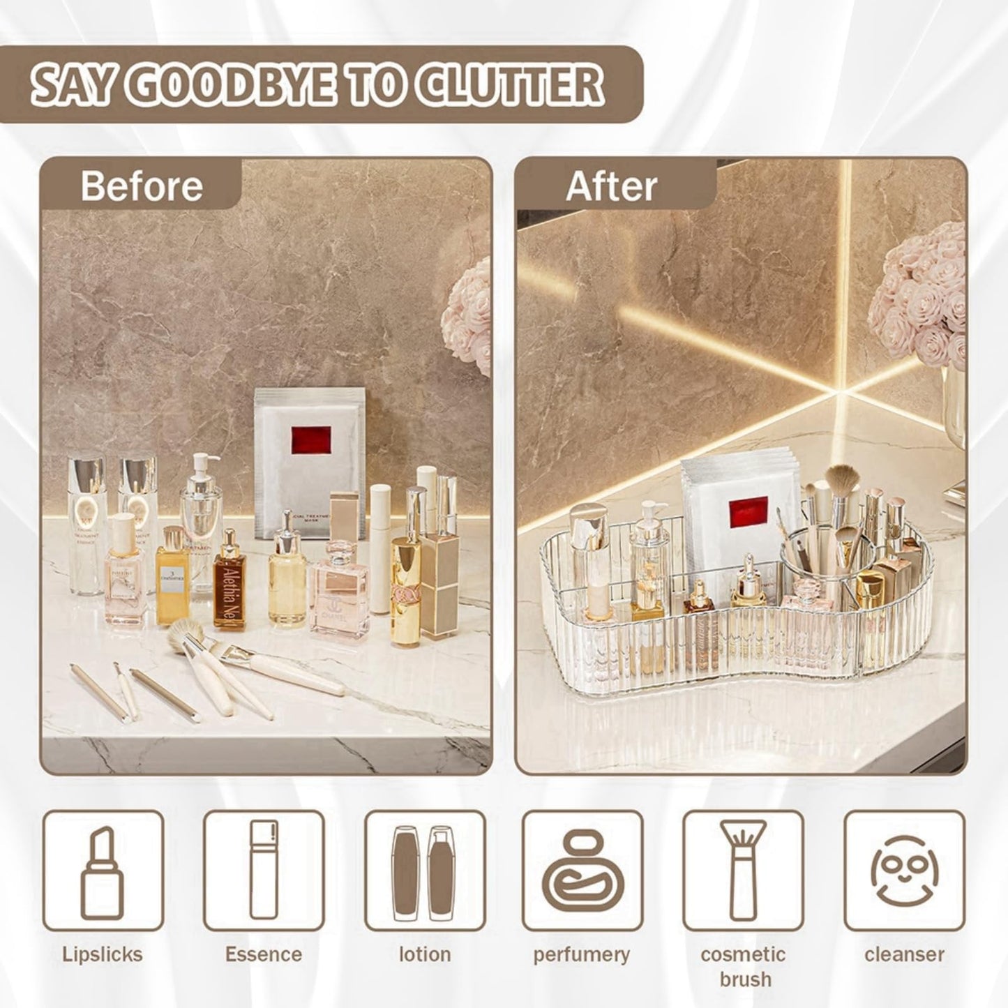 BVGDGSD Clear Makeup Organizer Countertop for Vanity Acrylic Skincare Storage and Make up Organization for Desk Cosmetic Display Case and Makeup Brush Holder for Bedroom,Bathroom,5 Compartments