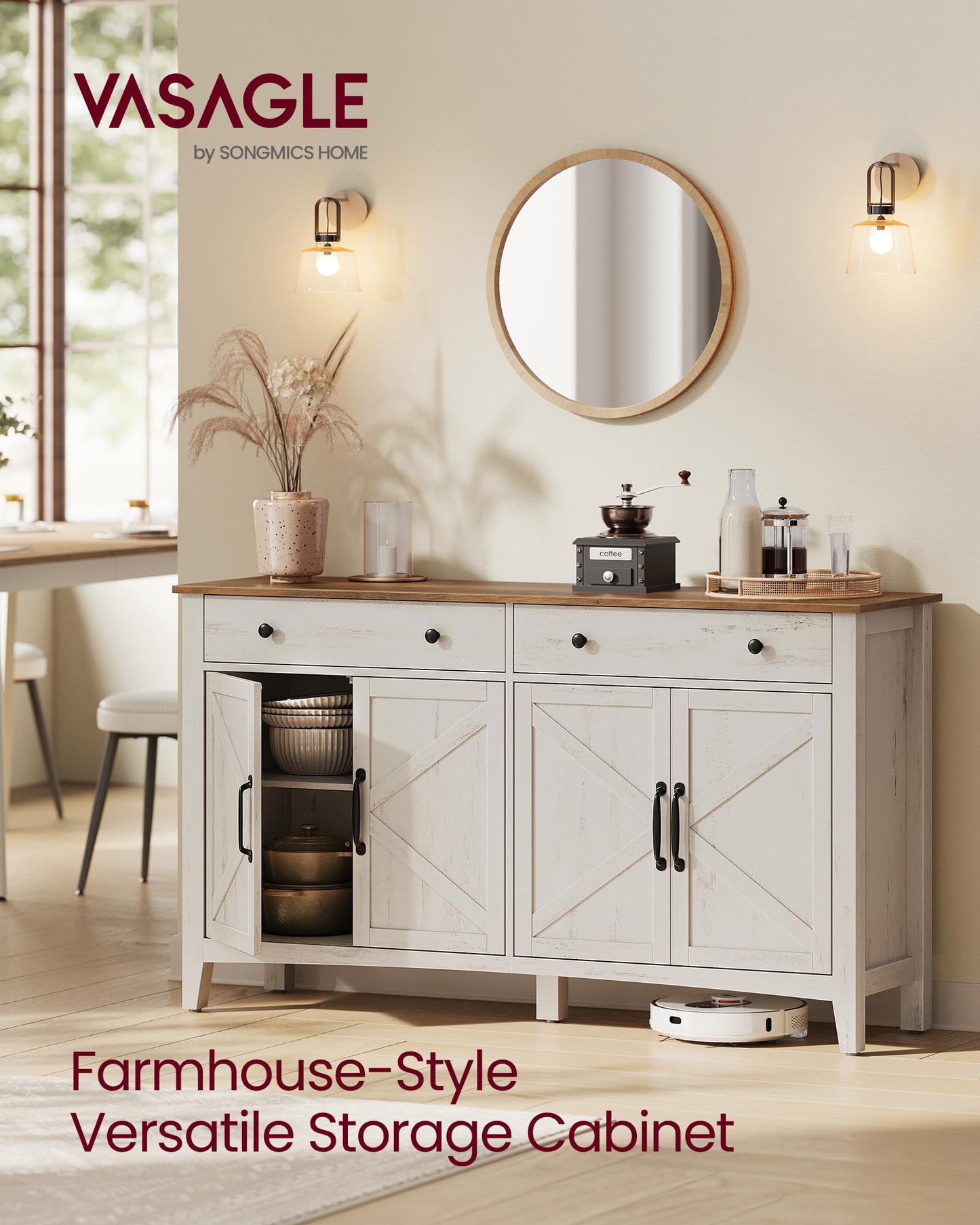 VASAGLE LIRY Collection - Buffet Cabinet, Coffee Bar Cabinet with 2 Drawers, Adjustable Shelves, Sideboard Storage with Cable Holes, Drawer Dividers, Rustic White and Honey Brown UBBK381WJ01S