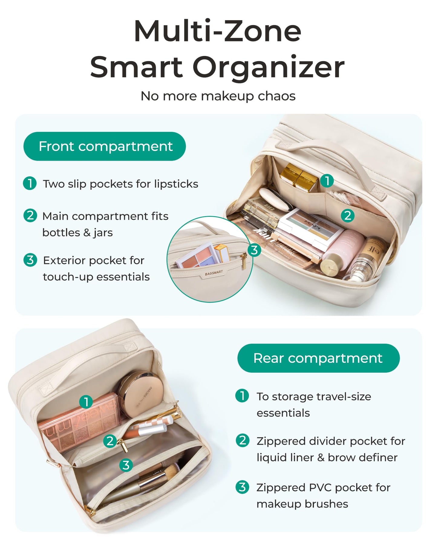 BAGSMART Travel Makeup Bag Large Capacity Cosmetic Bag, Wide-open Portable Make Up Bag Organizer for Women for Travel Essentials Travel-Size Toiletries Accessories Bottles, Brushes (Warm Gray)