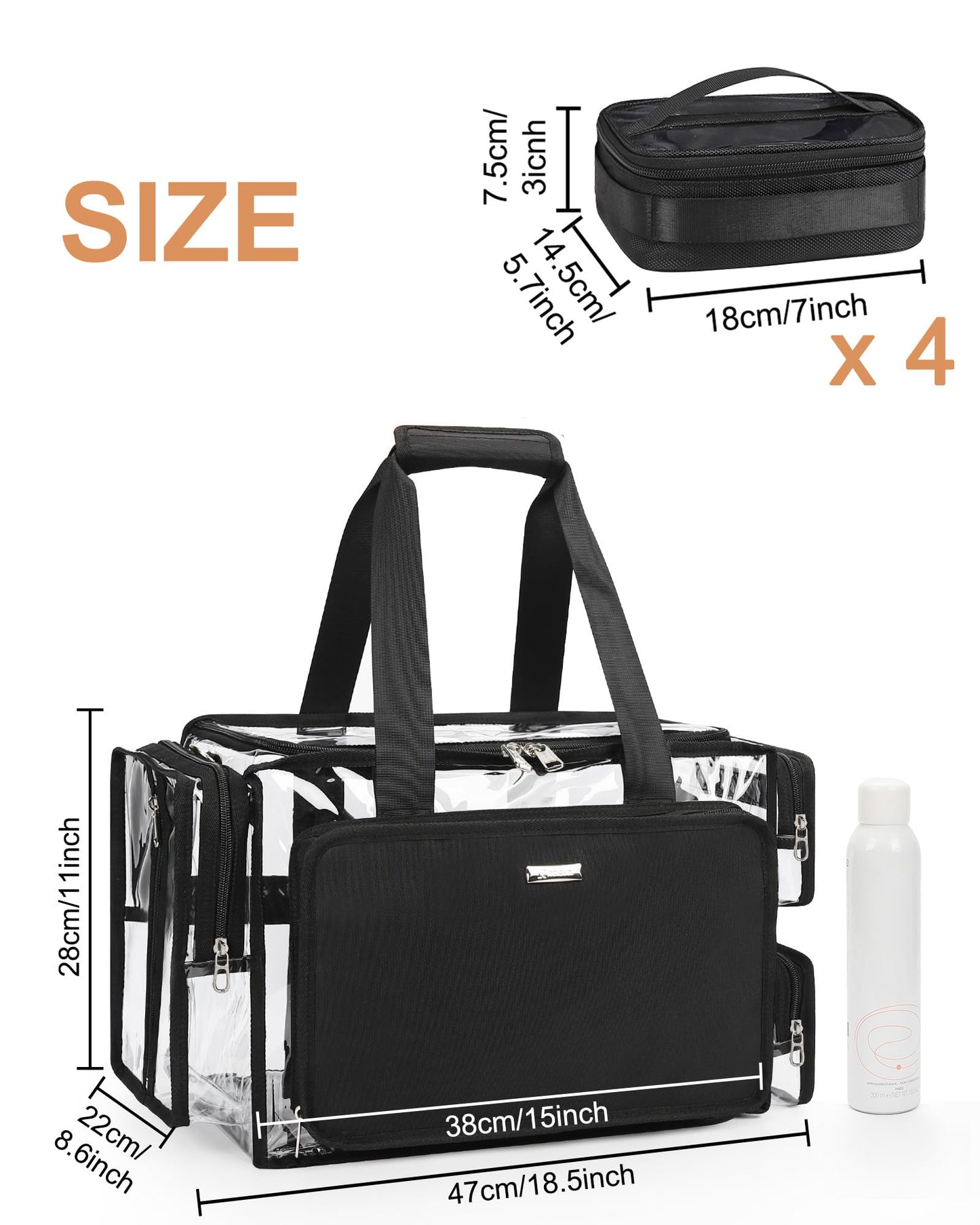 Relavel Clear Makeup Bag with 4 Small Pouches, Extra Large Makeup Artist Kit Set, Cosmetic Storage Organizer Transparent Tote Beach Toiletry Bag with Adjustable Dividers & Shoulder Strap