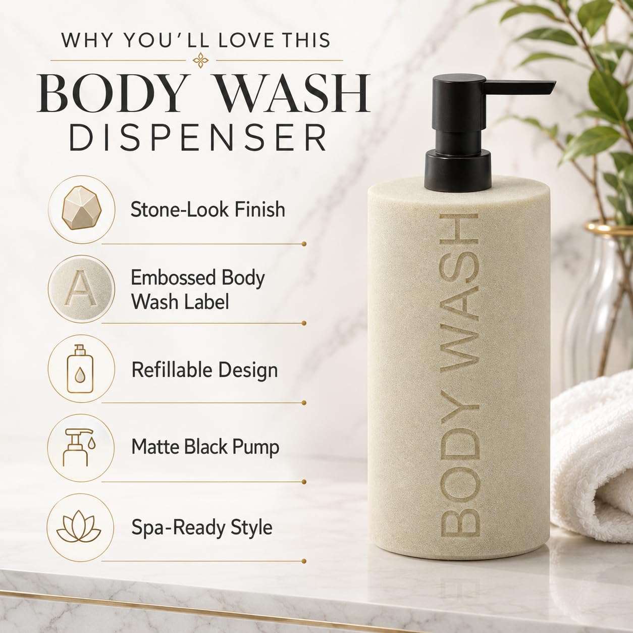 Indecor Home Resin Tan Sandstone Body Wash Engraved Bottle Refillable Pump Dispenser, Durable Waterproof Resin Construction for Bath, Shower - Tan Sandstone, ORB Pump