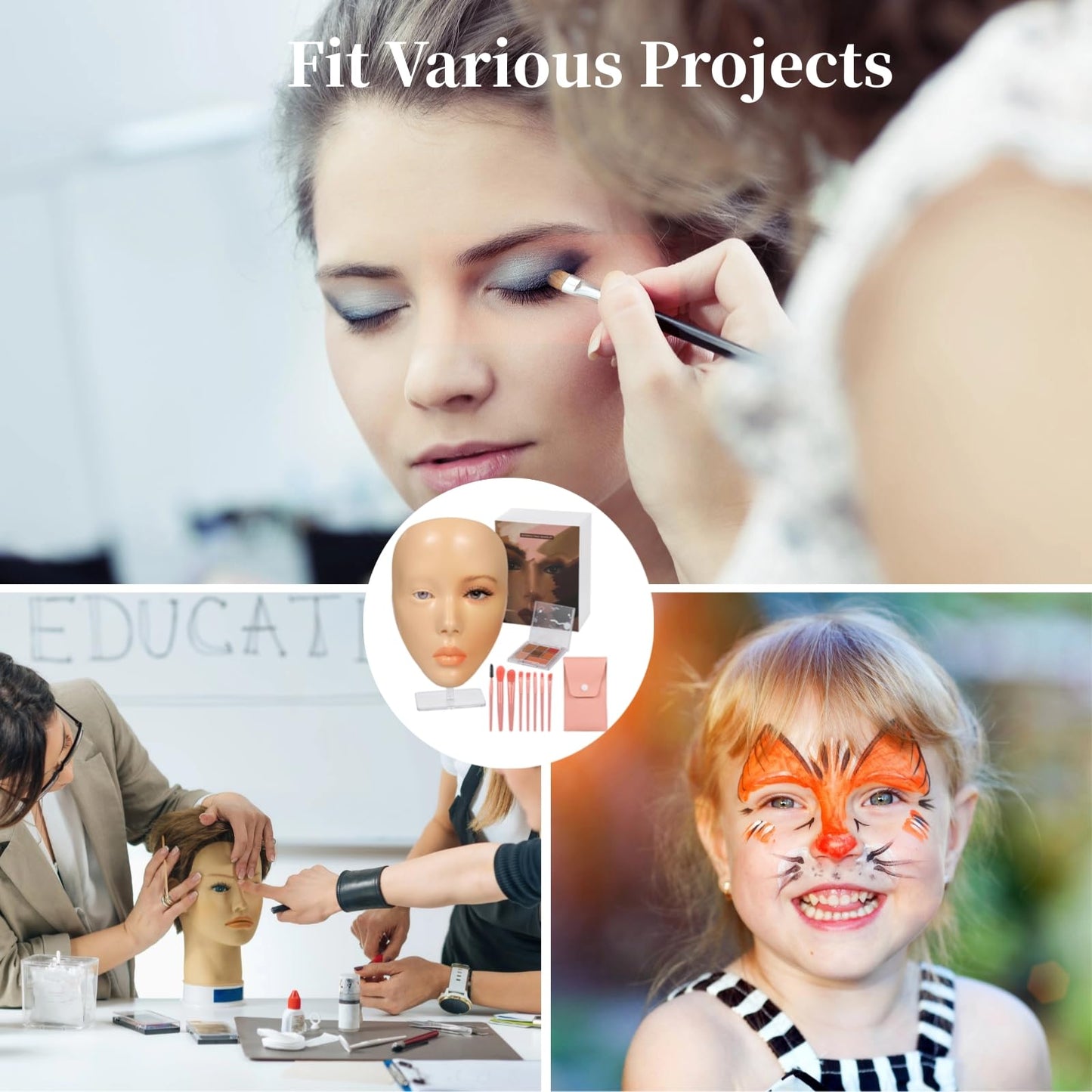 Makeup Practice Face Set, Including Silicone Mannequin Face with Stand, 7-Color Eye Shadow Palette, and 8 Makeup Brushes