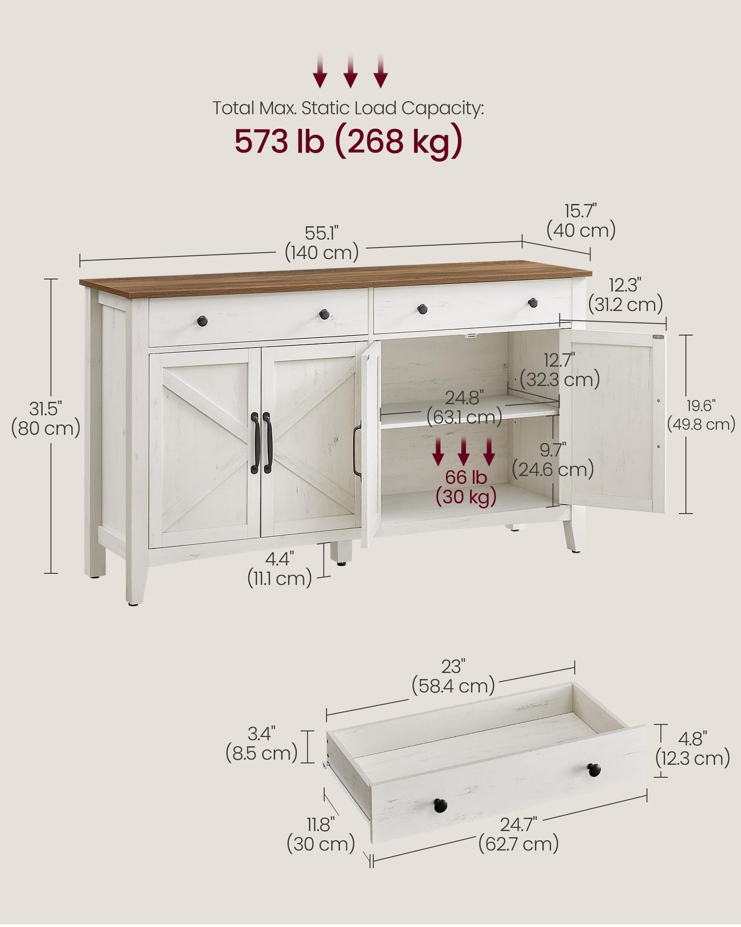 VASAGLE LIRY Collection - Buffet Cabinet, Coffee Bar Cabinet with 2 Drawers, Adjustable Shelves, Sideboard Storage with Cable Holes, Drawer Dividers, Rustic White and Honey Brown UBBK381WJ01S