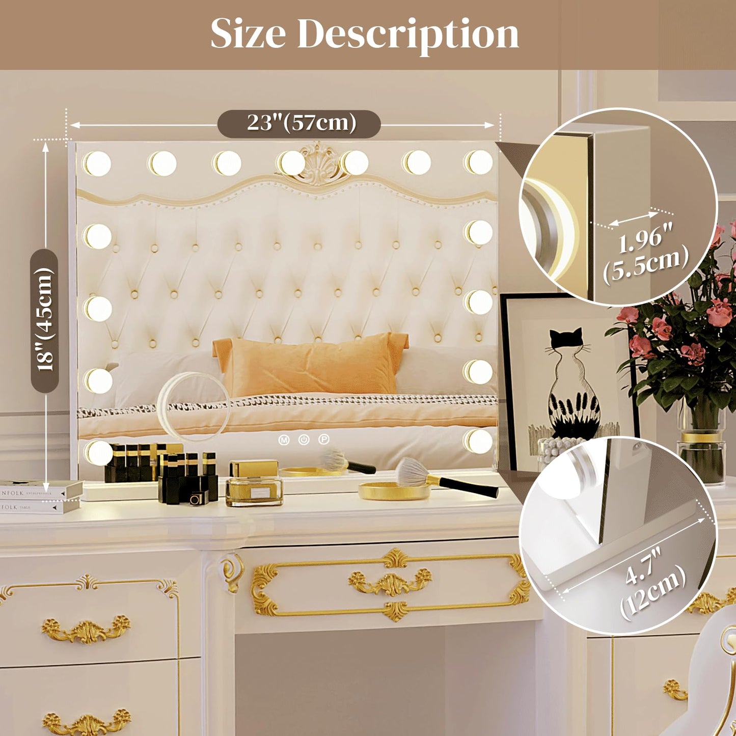 ZazaFi Hollywood Vanity Mirror with Lights, 15 Light Bulbs，3 Color Lights，Make Up Lighted Mirror, Aluminum Metal Frame,USB Charging Port（23" x 18"）