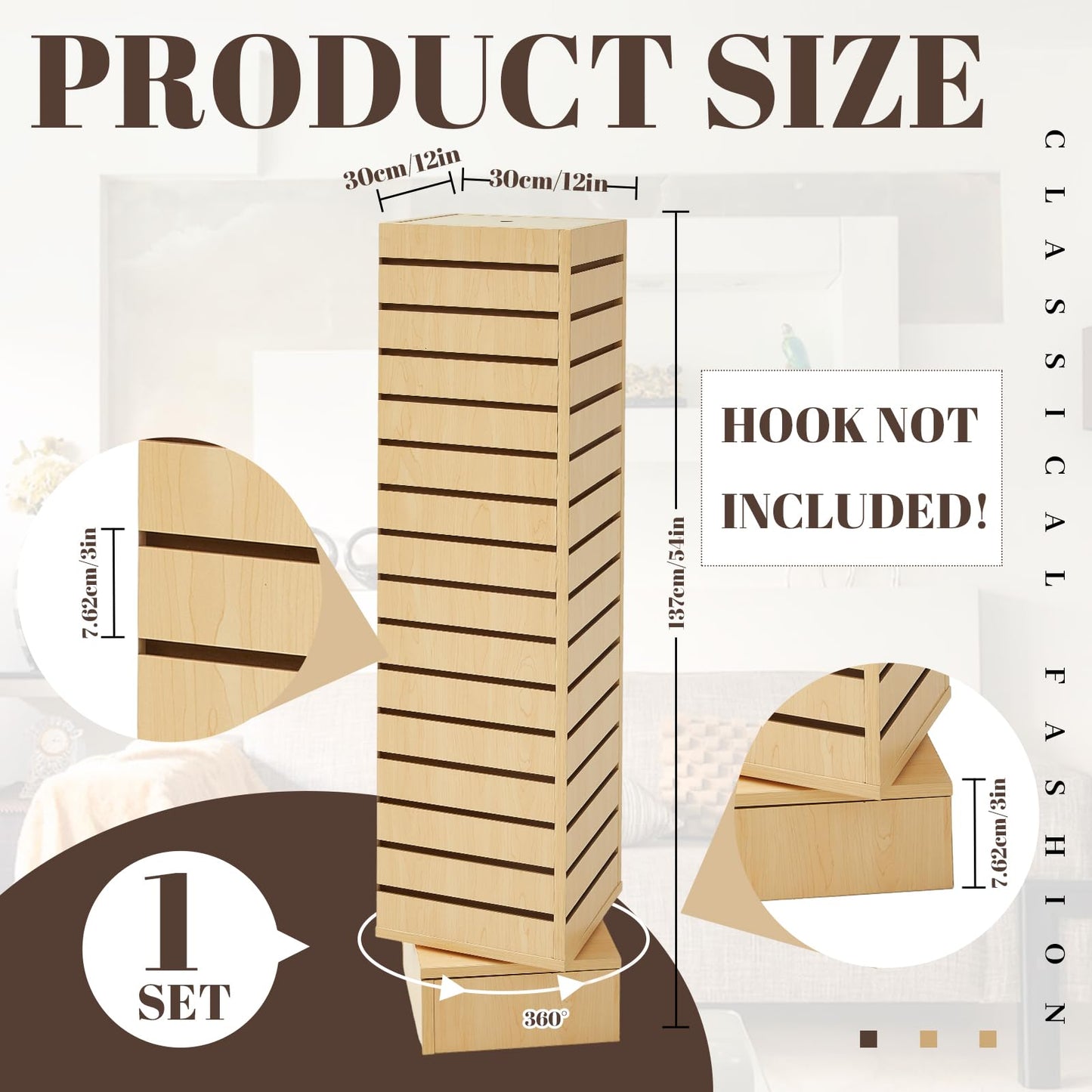Beeveer Slatwall Tower Rotating 4 Sided Retail Fixture 4 Panel Slatwall Counter Spinner Keychain Display Stand for Retail Display Racks for Clothing Jewelry, 12''L x 12''W x 54'', Hook Not Included