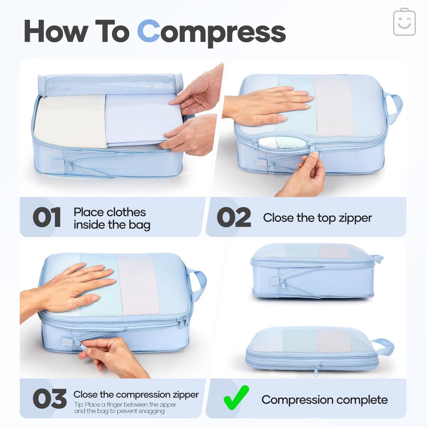 Veken 9/11 Set Compression Packing Cubes for Travel Essentials,Compressible Expandable Large Luggage Suitcase Organizer Bags for Clothing,Space Saver Bags with Over 1000 pcs of Mesh Holes(Light Blue)