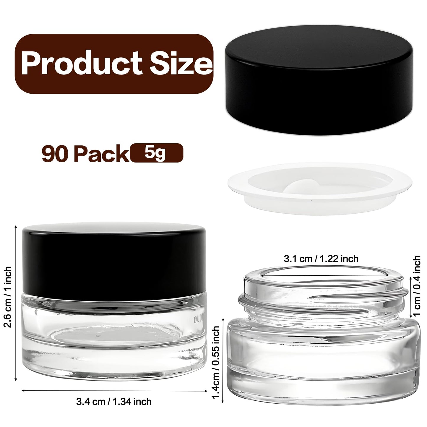 Seuqhck 90 Pack 5ml Small Clear Jars, Empty Glass Cosmetic Containers Bulk with Liner Airtight Cream Bottle for Beauty Product Samples, Travel, Lotions, Essences