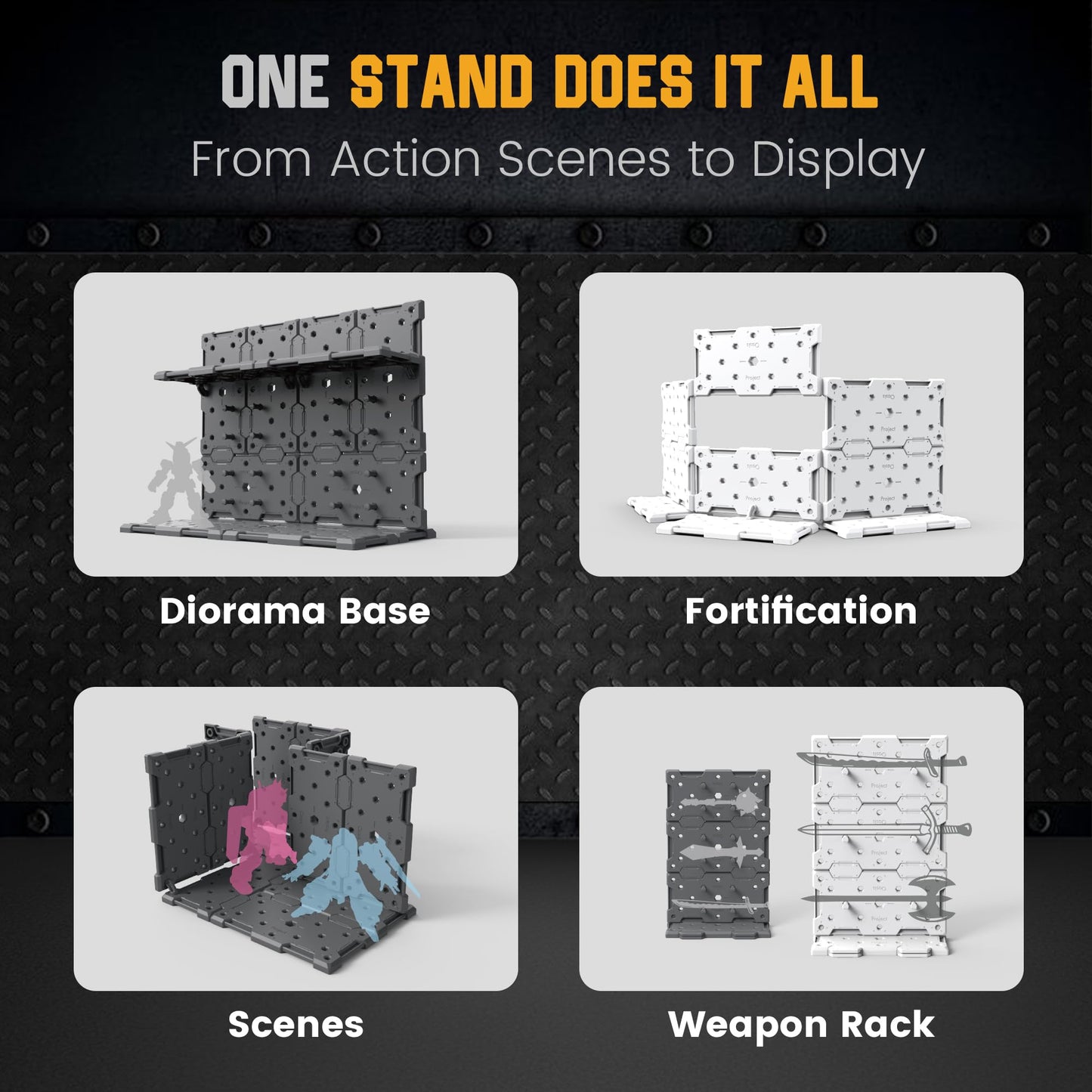 SPARKSTOY Modular Hangar Display Base for Model Kits | Pegboard-Style Diorama Panel System with 90°/135° Connectors, Customizable Assembly for Figures, Accessories & Scale Mecha (Gray)