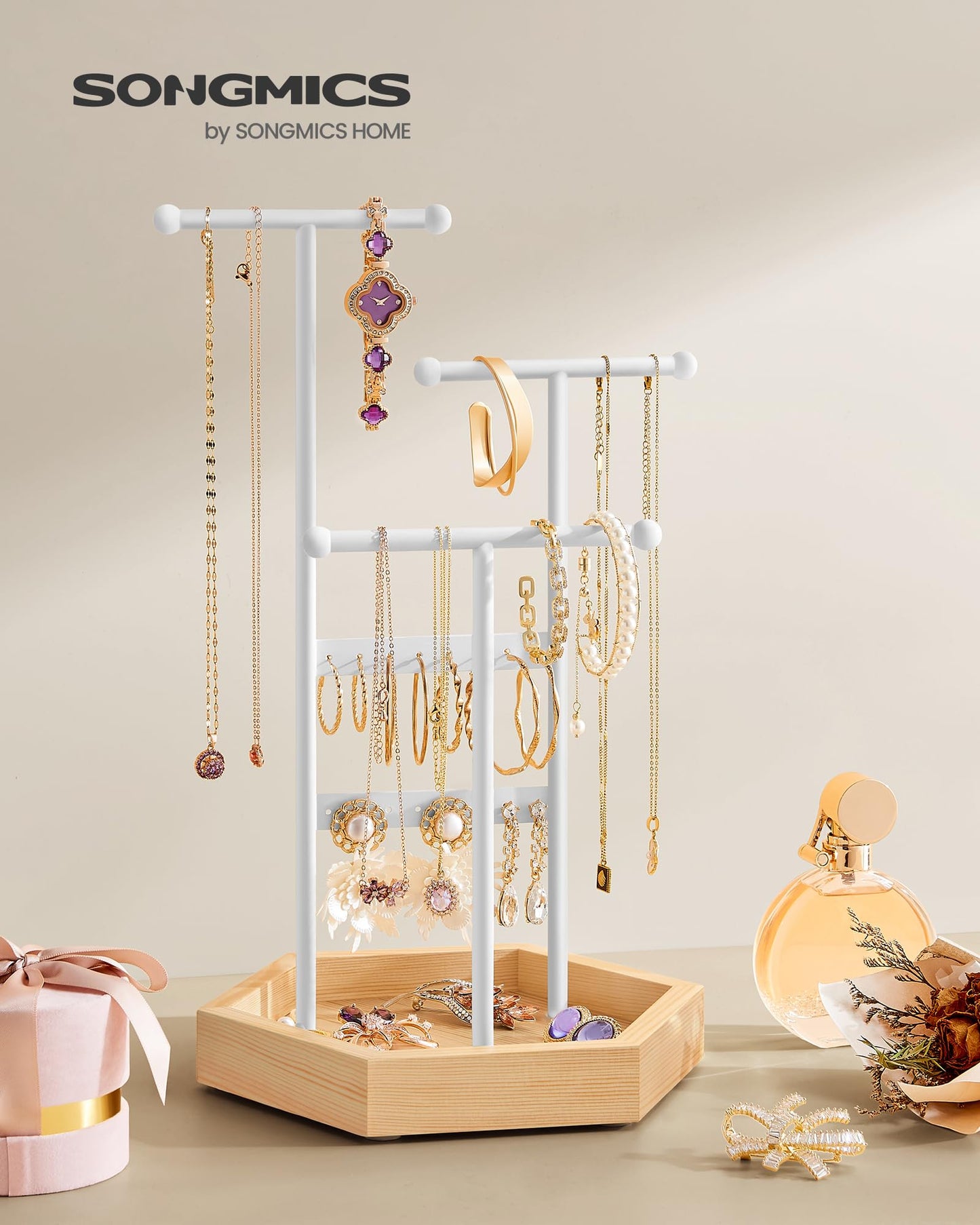 SONGMICS Jewelry Holder, Jewelry Organizer, 3 Tiers and 1 Tray, Jewelry Display Stand with Metal Frame, Necklace Earring Bracelet Holder, for Rings, Matte White and Natural Beige UJJS03NW