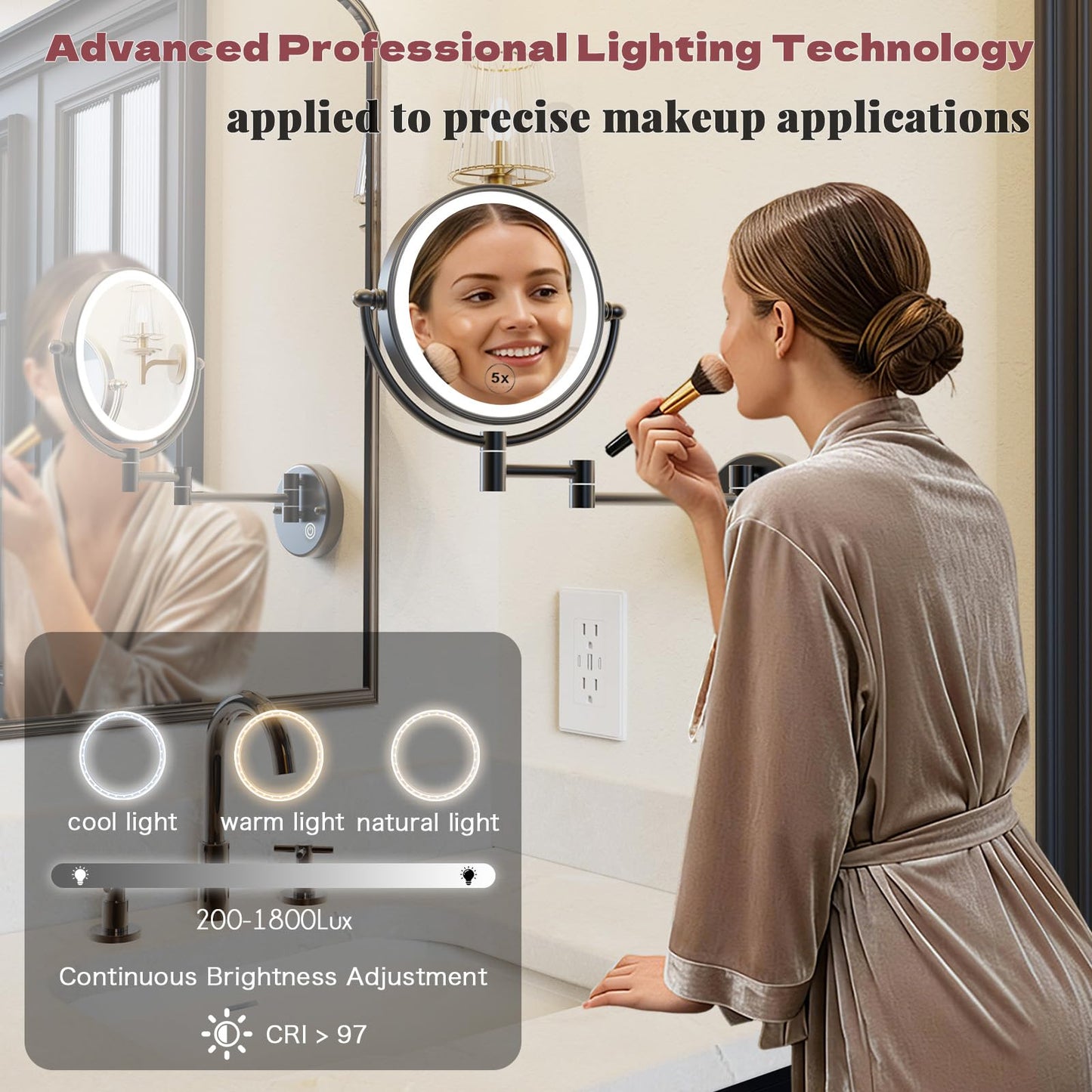 RECKODOR 8" Hardwired Magnifying Mirror Wall Mounted, Matt Black