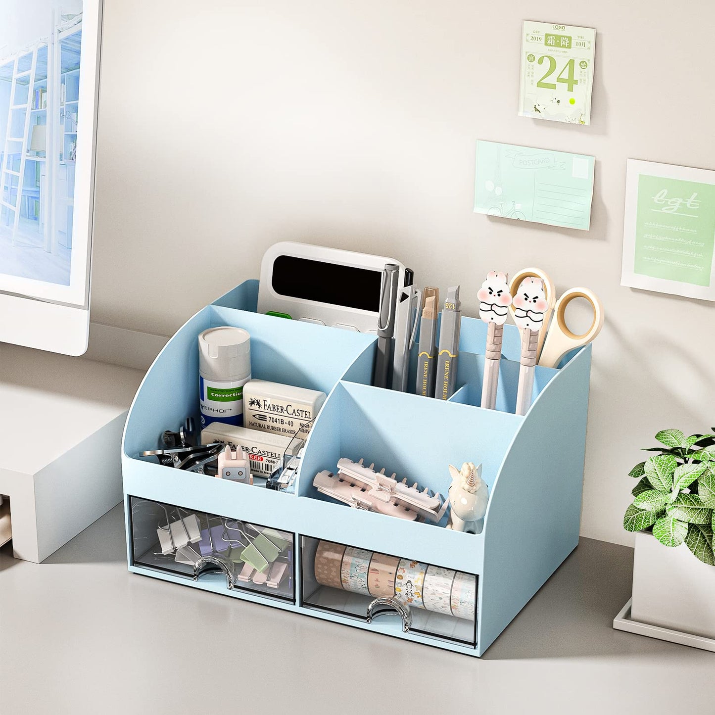 COMFYROOM Desk Organizer with 6 Compartments and 2 Drawers, Plastic Makeup Organizer, Pen Holder for Desktop Storage, Desk Organization for School, Home, Office Supplies (Blue)
