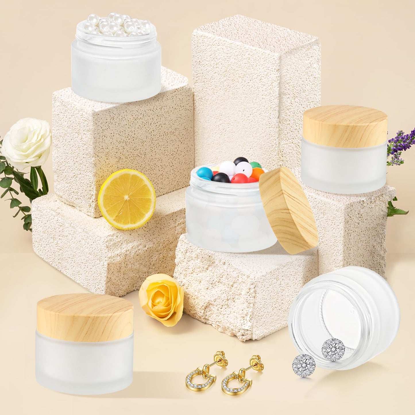 8 Pcs 50ml/1.7oz Cosmetic Containers Frosted Glass Jar Empty Leakproof Sample Jars with Wood Grain Printed Lids & Inner Liner for Cream Lotion Toiletries Lip Balm Makeup