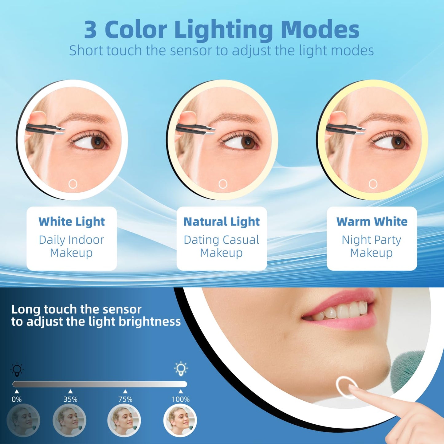 JJhxr 30X Magnifying Mirror with Lights, 30x Magnified Mirror with 3 Color Lights Adjustable Brightness, Rechargeable 6inch Travel Magnification with 3 Suction Cups - Includes Tweezers & Scissors