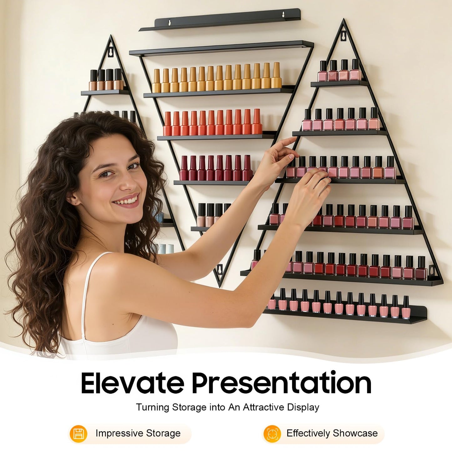 BANEBONE Elegant Gold Wall Mounted Nail Polish Rack - Set of 6 Triangular Cosmetic Display Shelves for Essential Oil Bottles, Organize Your Lipsticks and Perfumes in Style at Home or Salon (Black)