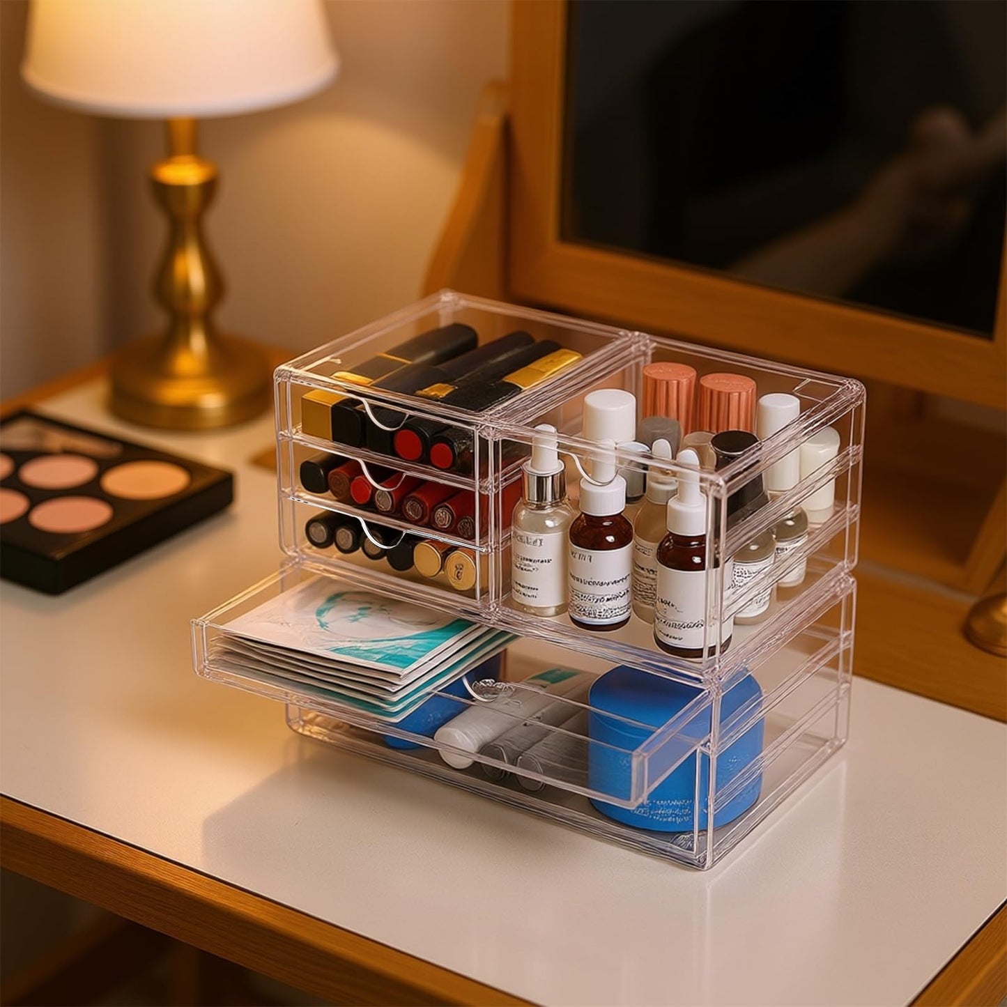 Jowgut Acrylic Makeup Organizer with 6 Drawers, 11" Stackable Office Desk Organizer Accessories, Clear Bathroom Storage Drawers for Makeup Palettes, Cosmetics, Vanity, Art Craft Supplies