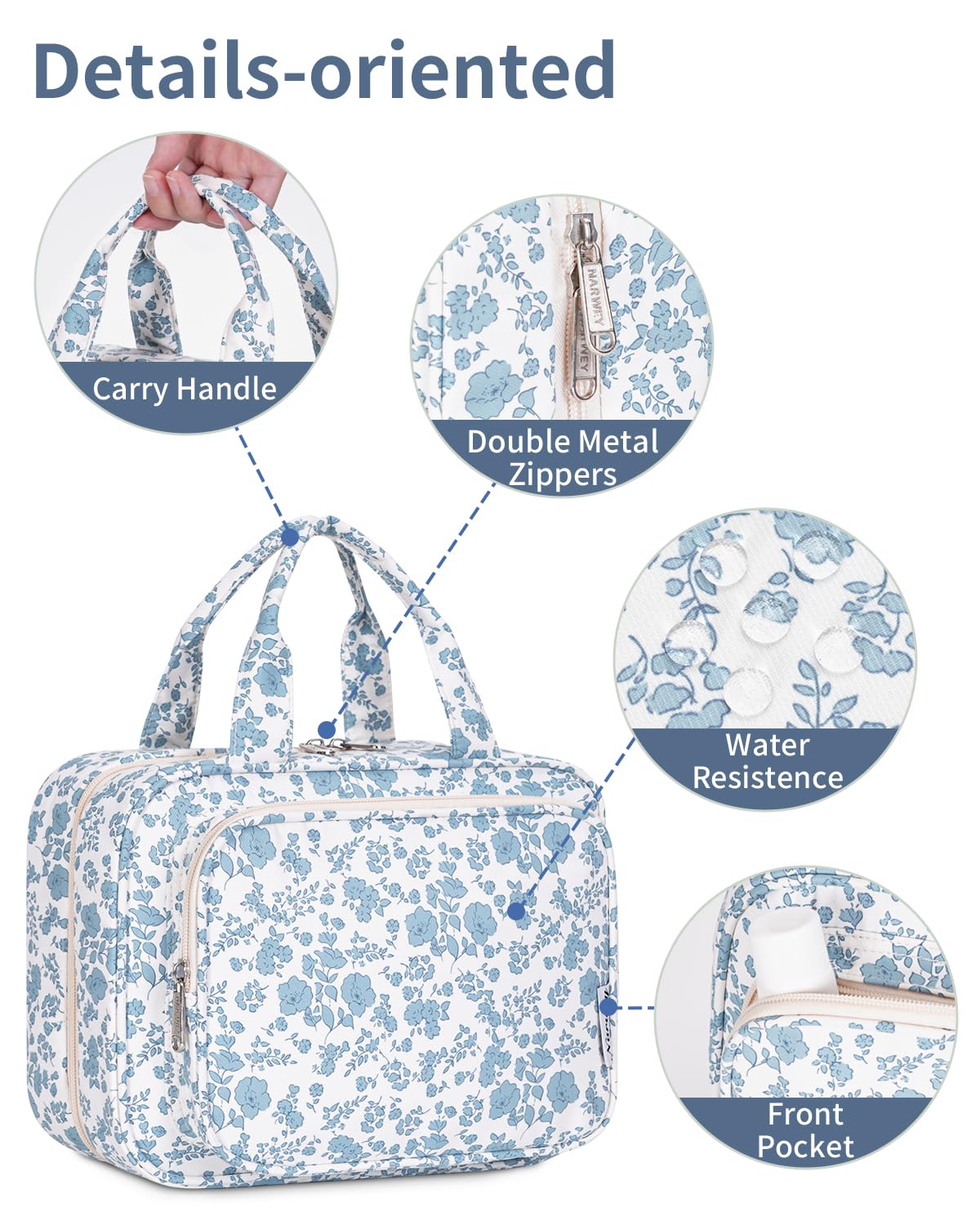 Narwey Travel Toiletry Bag for Women Large Hanging Makeup Bag Organizer Toiletries Bag for Full Size Essentials Accessories Cosmetics (Blue Flower (Large))