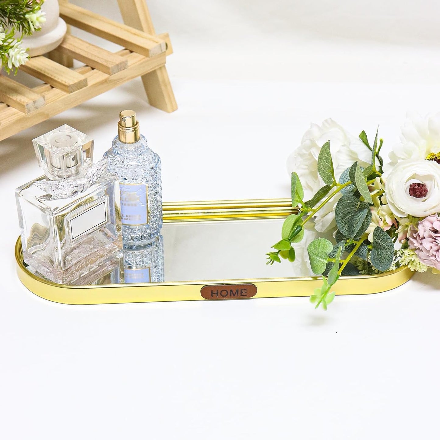 SEMSOIIO Gold Mirrored Vanity Tray, Small Oval Stainless Steel Perfume Organizer, Decorative Glass Mirror Tray for Jewelry, Makeup, Skincare, Bathroom Countertop & Nightstand Decor (11.8" x 3.9")