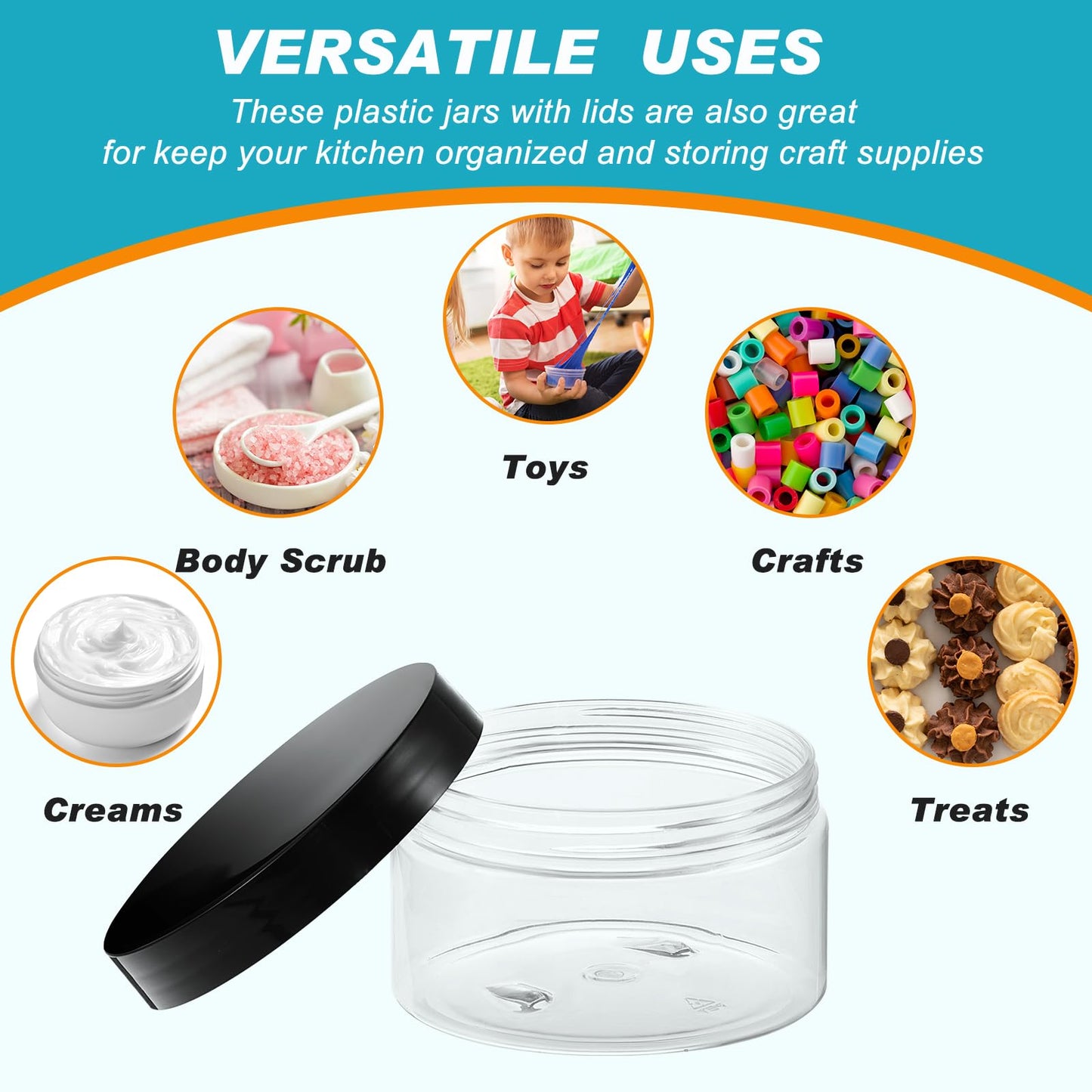 Dandat 24 Pcs 6/8/10/12oz Plastic Clear Jar Container with Black Lid and Label Refillable Empty Round PET Cosmetic Sample Slime Jar for Lotion, Cream, Body Butter, Travel Storage(10oz, Black Lid)