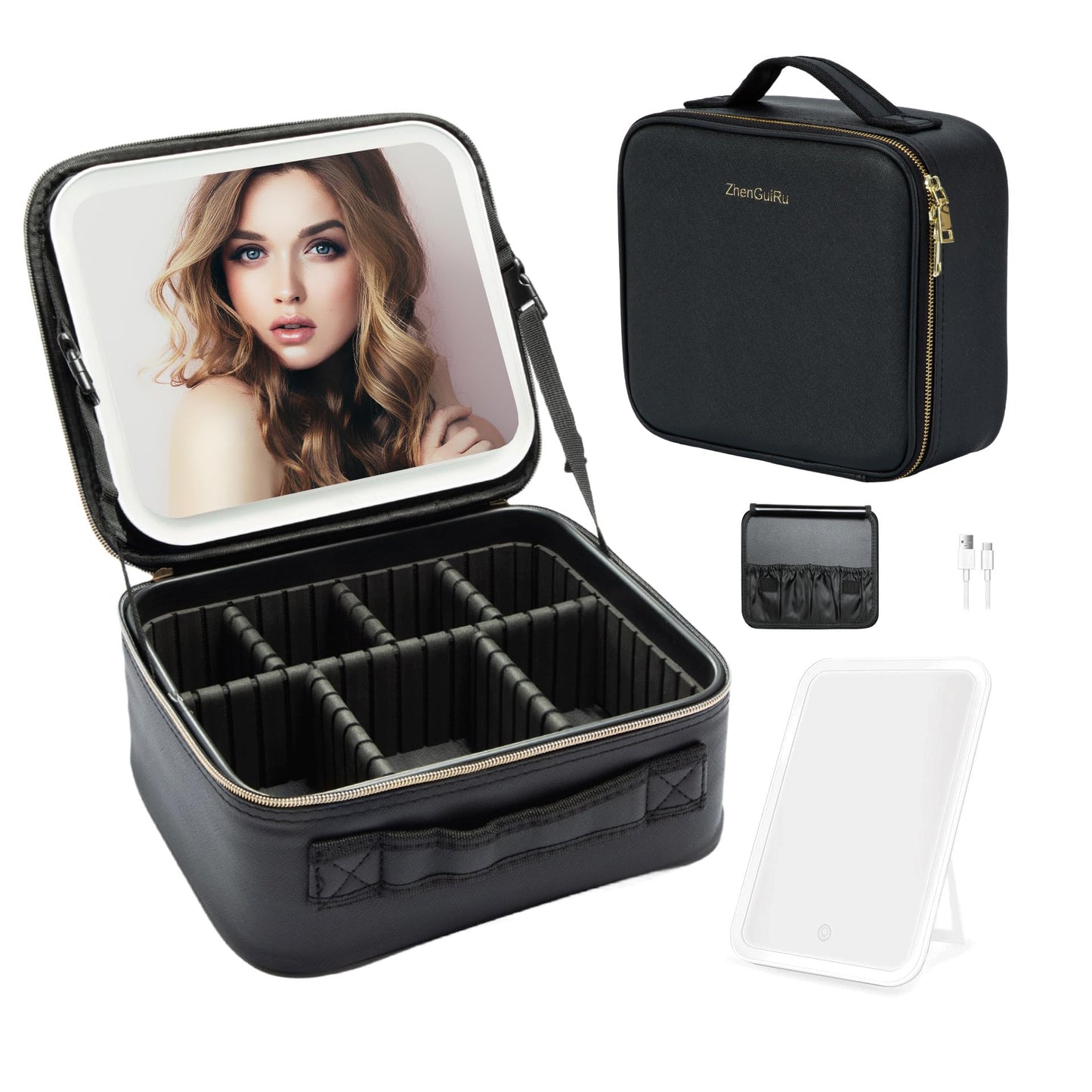 ZhenGuiRu Travel Makeup Bag with LED Mirror – Waterproof Cosmetic Train Case with Adjustable Dividers, Portable Makeup Organizer and Toiletry Bag for Women, Teens & Girls Gift, Black