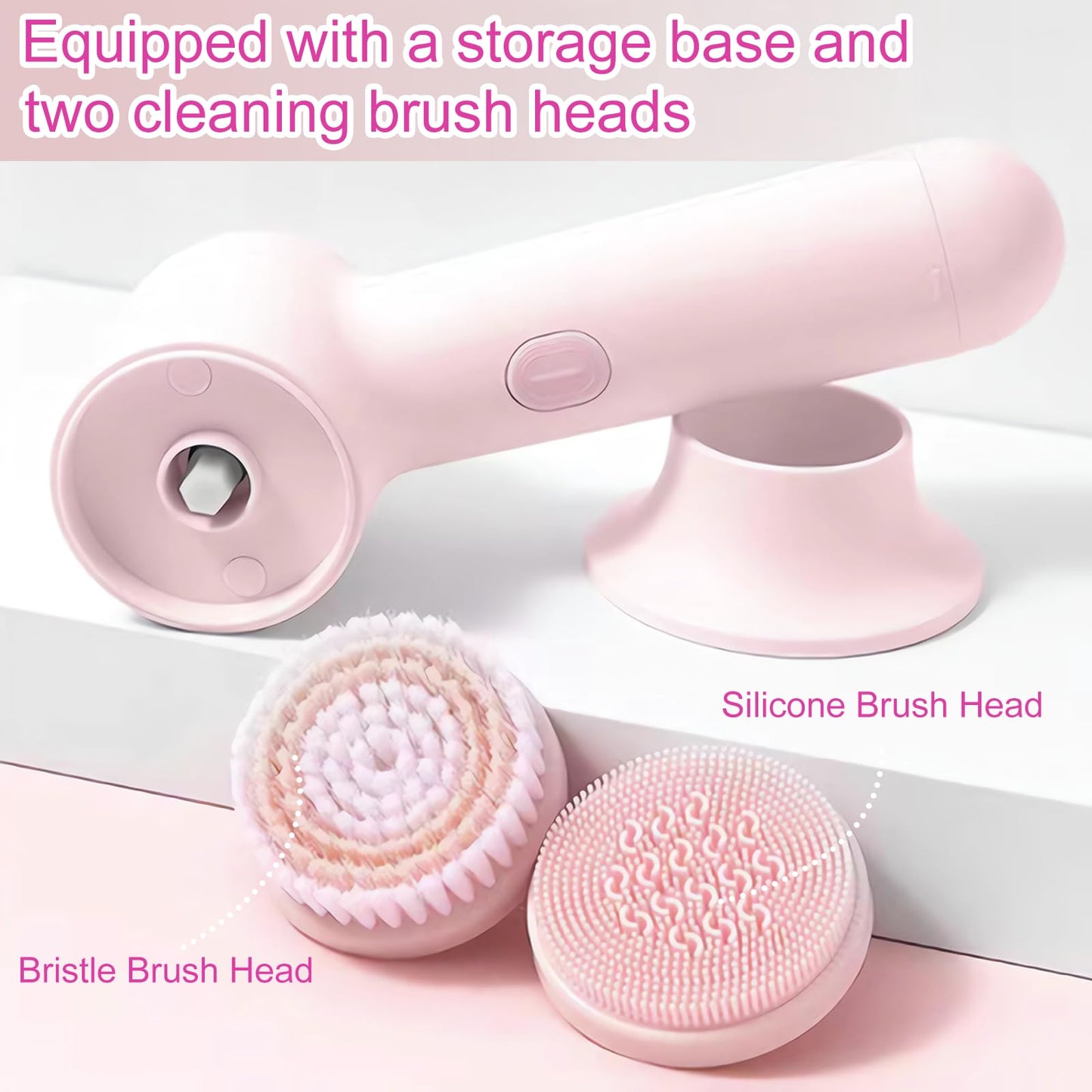 Electrical Facial Cleansing Brush, Multi-Function Face Wash Brush with Base and 2 Brush Heads, Portable Face Scrubber for Deep Skin Cleaning and Gentle Exfoliating (Pink)