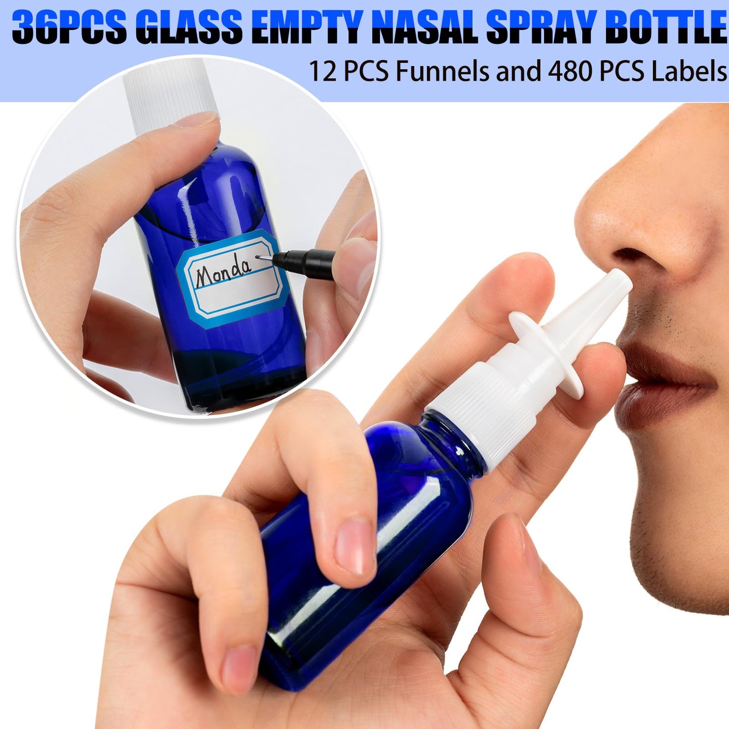 ZHWKMYP 60 Pcs Nasal Spray Bottle Empty, Blue Glass Refillable Fine Mist Nasal Spray Bottles with 12 Funnels and 12 Labels (30ML/1oz)