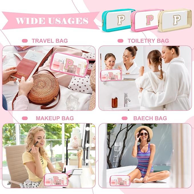 Personalized Initial Letter Clear Makeup Bag,Preppy Small Nylon&PVC Cosmetic Zipper Bag with Chenille Letter,Portable Beach Travel Skincare Toiletry Bag,Trendy Monogram Gift for Teen Girls Women,P
