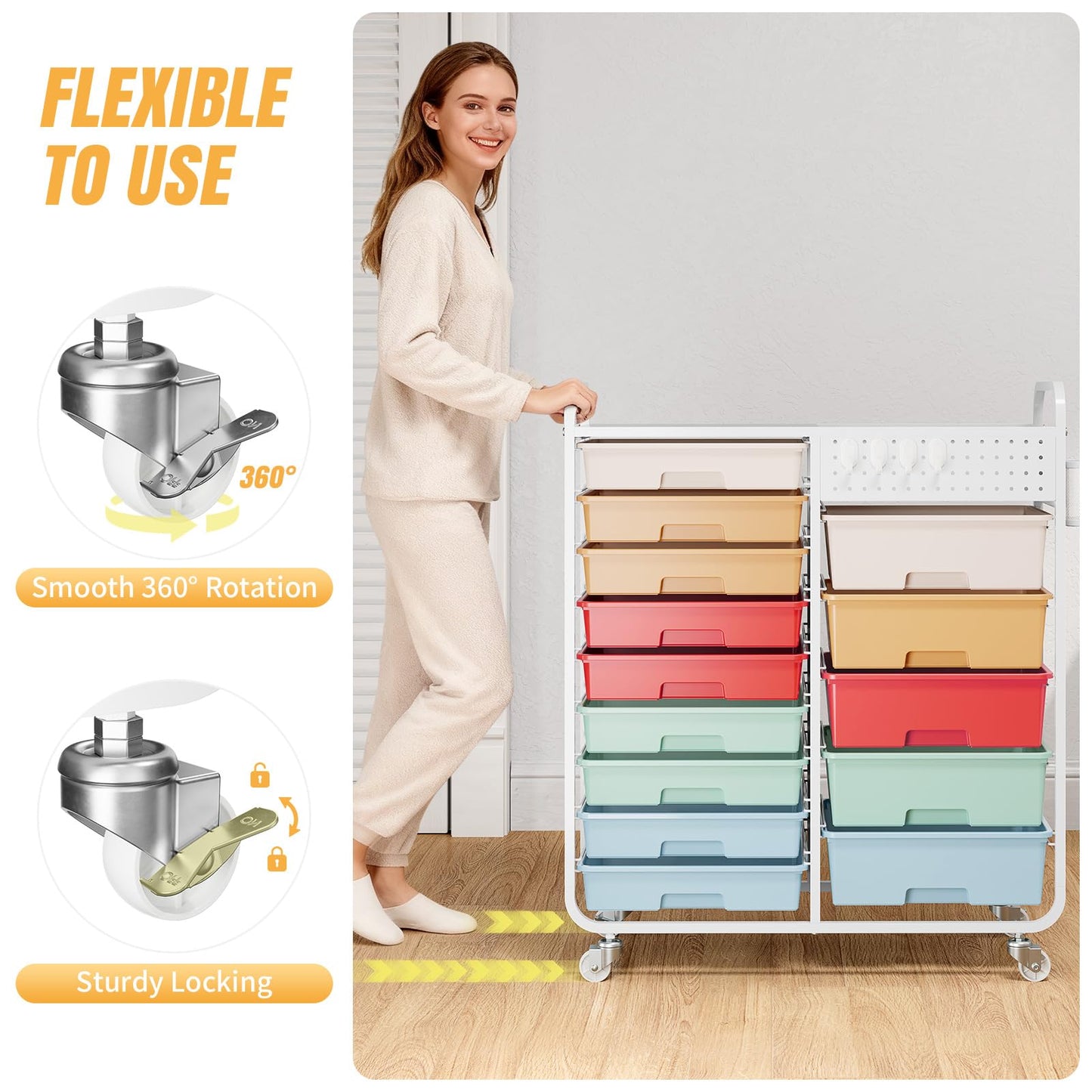 Rolling Storage Cart with 14 Drawers, Storage Organizer Cart with Tabletop and Pegboard,Utility Cart for Living Room, Classroom, Bedroom,Bathroom,Dorm,Office (Rainbow)