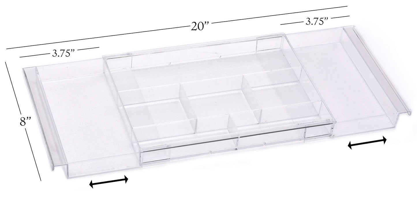 Masirs Expandable Drawer Organizer - Customizable Makeup Vanity Organizing Storage Tray for Bathroom, Bedroom & Desk Drawers - Clear Plastic Cosmetics Organizers with Expanding Compartment (Set of 2)