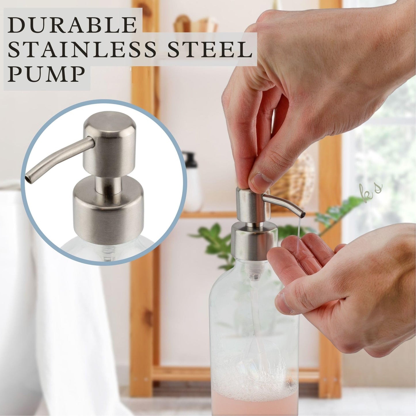 Cornucopia Brands 8oz Clear Glass Bottles w/Stainless Steel Lotion Pumps (4-Pack); Liquid Soap & Lotion Pump Dispensers