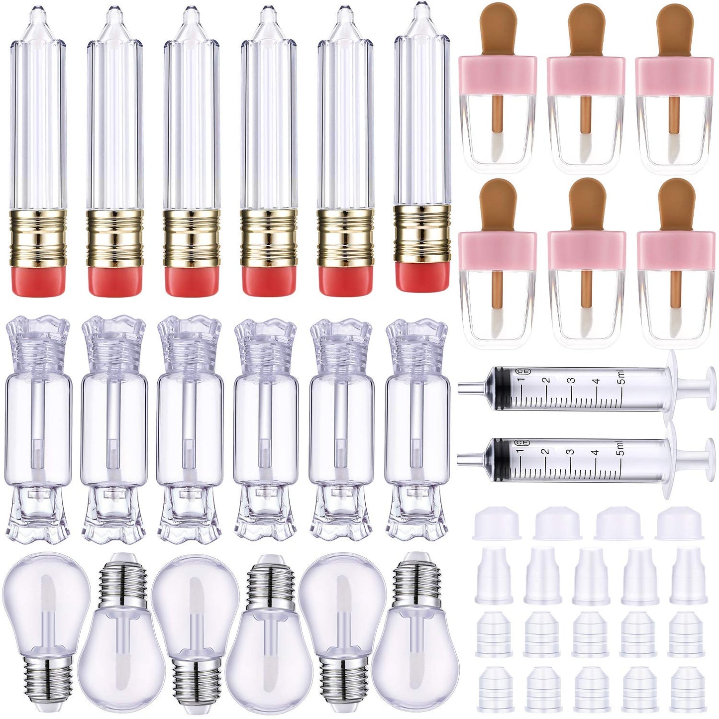 Maitys 28 Pieces Clear Empty Lip Gloss Tubes, Cute Refillable Lip Balm Containers, 24 Pencil Candy Ice Cream Light Bulb Oil Bottles with 4 Syringes for DIY Makeup, Women Girls