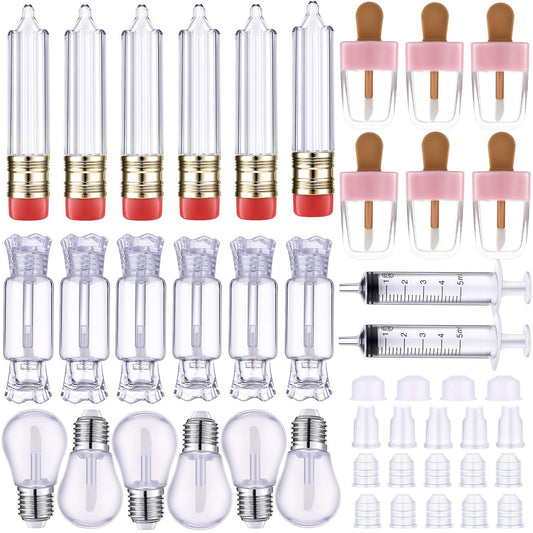 Maitys 28 Pieces Clear Empty Lip Gloss Tubes, Cute Refillable Lip Balm Containers, 24 Pencil Candy Ice Cream Light Bulb Oil Bottles with 4 Syringes for DIY Makeup, Women Girls