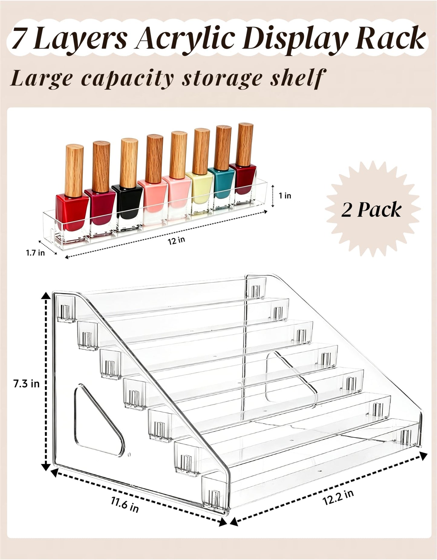 AmoreTempo Acrylic Nail Polish Organizer 2 Pack 7-Tier Clear Nail Polish Display Stand Large Capacity Nail Polish Storage Rack for 84 Bottles, Tabletop Makeup Cosmetic Essential Oil Holder