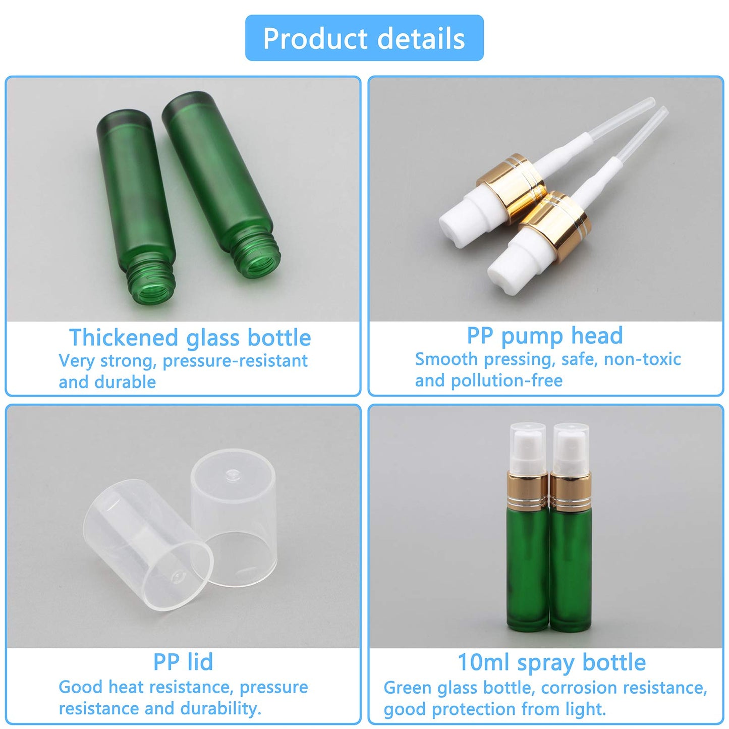 Newzoll 10Pcs Glass Spray Bottles, 10ml (1/3oz) Matte Green Sprayer Bottle with Funnels Droppers, Fine Mist Sprayer Atomizer Vials for Essential Oils Perfume Cosmetic Liquid