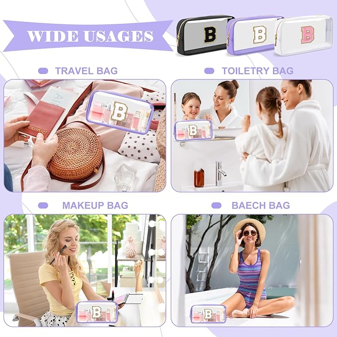 Personalized Initial Letter Clear Makeup Bag,Preppy Small Nylon&PVC Cosmetic Zipper Bag with Chenille Letter,Travel Skincare Toiletry Bag,Monogram Christmas Gift for Teen Girls Women,B