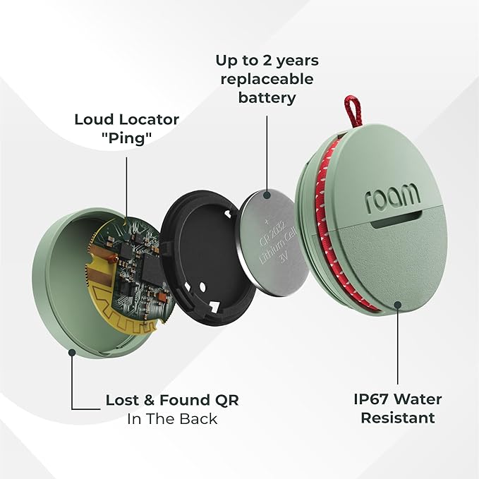 Roam Smart Tracker | Family-Friendly Eco Tracker for Keys, Bags & Kids’ Gear | Works with iOS & Android | Built-in Strap, QR Lost & Found | Replaceable Battery | No Extra App | 1-Pack, Green