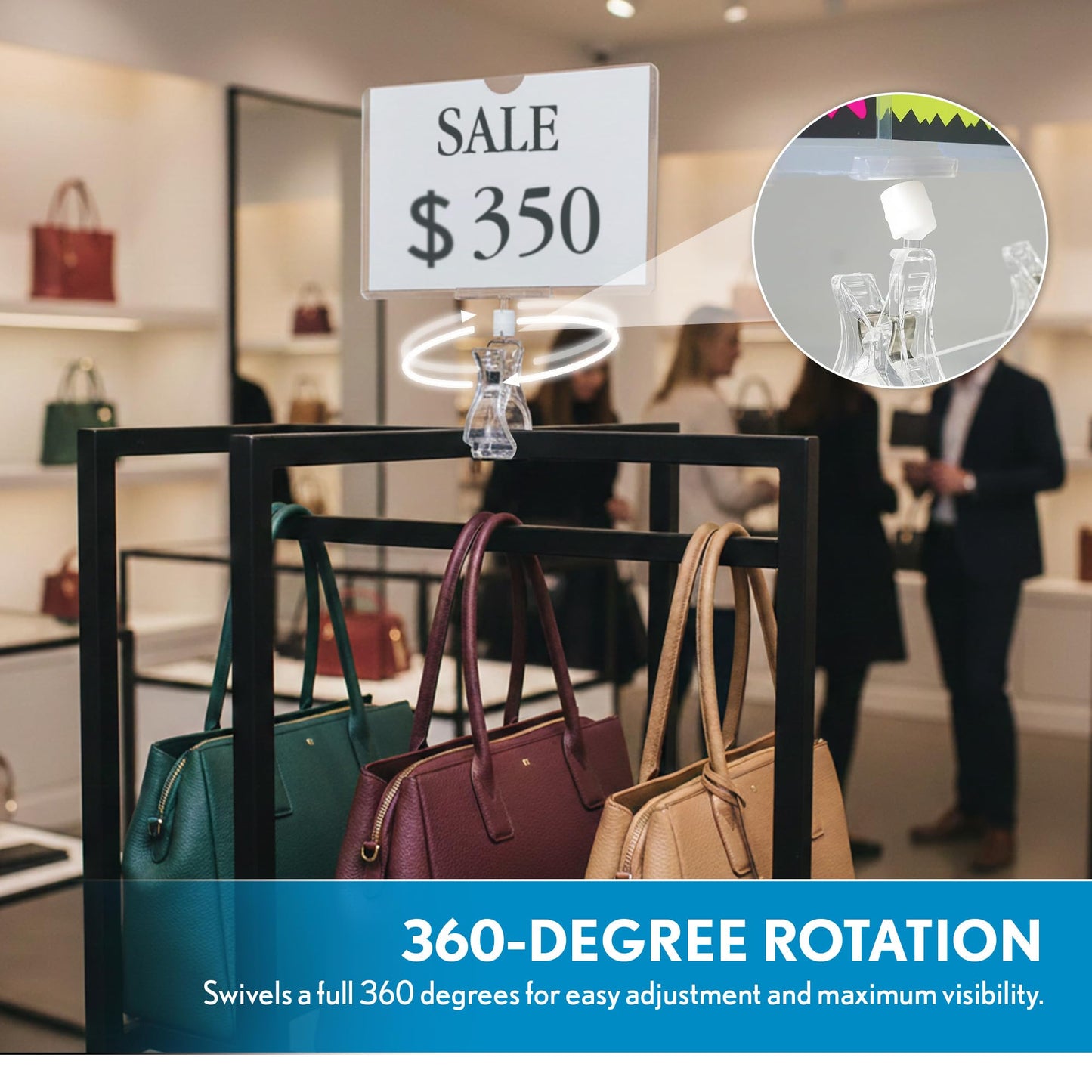Clip Strip Rotating Clip on Sign Holder, 5 Pack Retail Display Sign Holders with 360° Swivelable Clamp, POP Rotating Sign Clip w/ Clear Print Protector Sleeve Fits Signs 5.5" W x 3.5" H, Clip on Racks, Rails, Tubes, or Merchandise