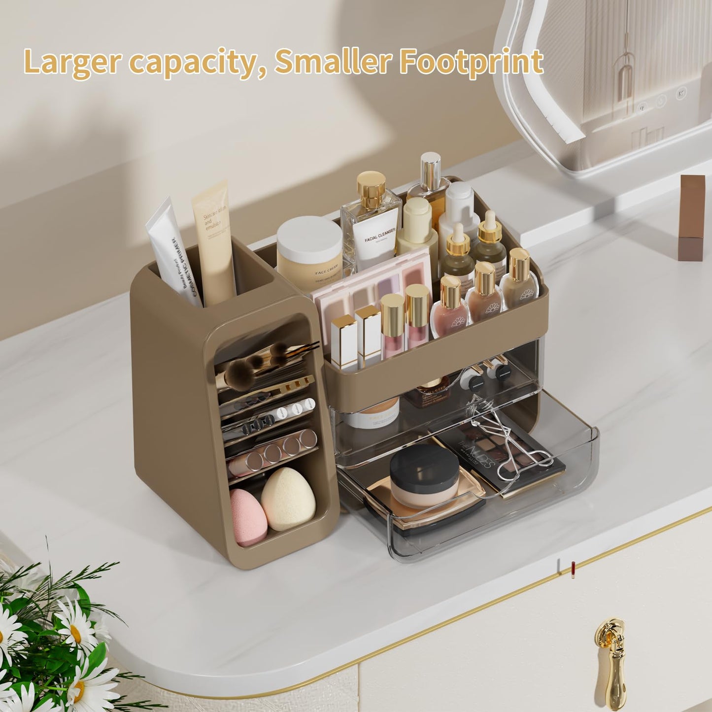 Makeup Organizer with Adjustable Brush Holder for Vanity, Large Skincare Organizer for Bathroom Countertop, Cosmetic Display Case with Drawers, Multi-Function Storage for Perfume, Lipstick, Palettes