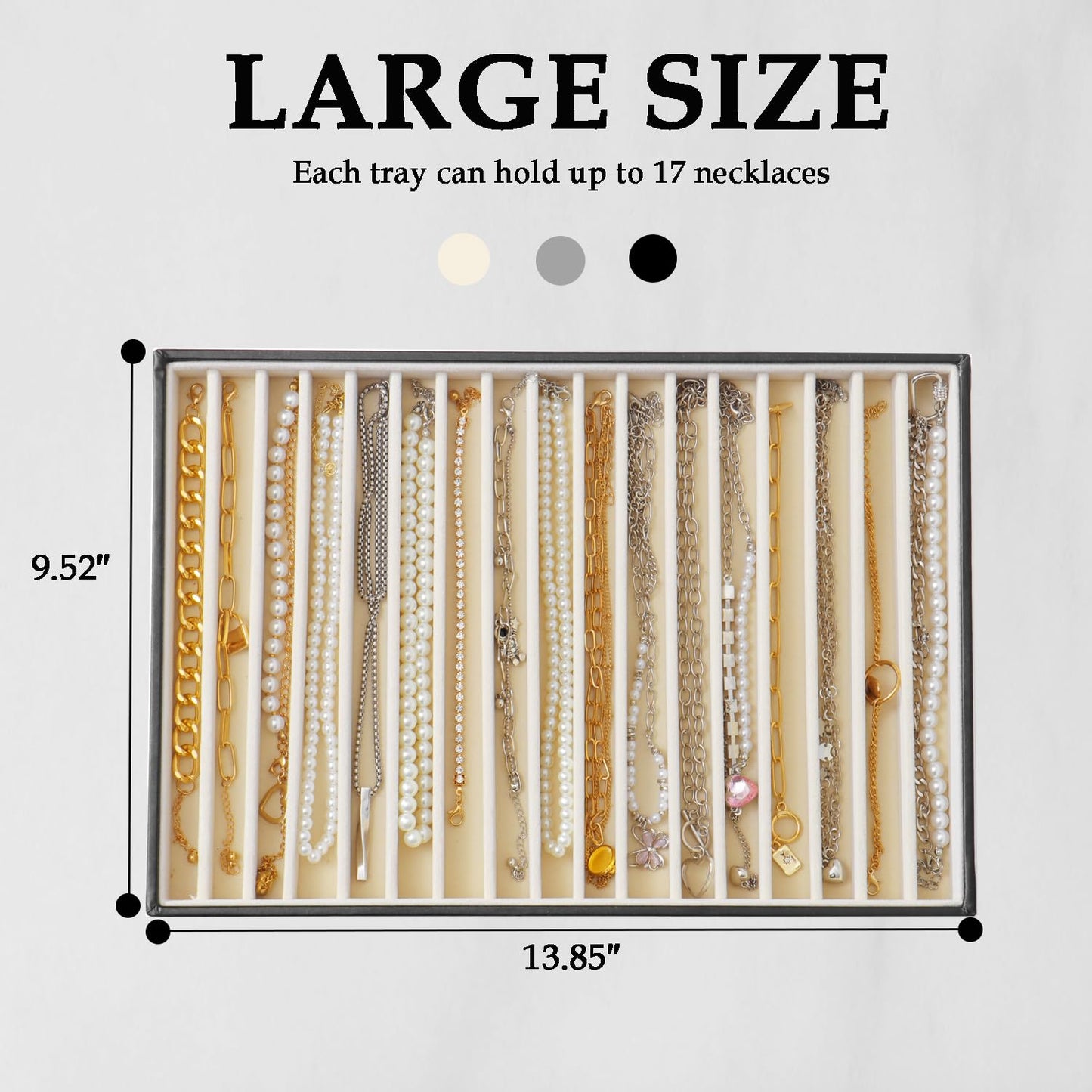 KATISYIO Large Jewelry Organizer Tray, Stackable Jewelry Storage Holder PU Leather Velvet Jewellery Display Case for Stud Earring Bracelet Necklace Ring (Black Beige, 16 Grids)
