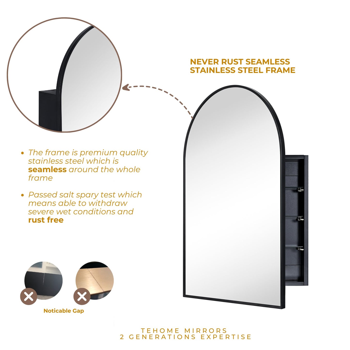 TEHOME 24 x 36'' Black Arch Bathroom Medicine Cabinet with Mirror Recessed and Surface Mounted Medicine Cabinet Mirror