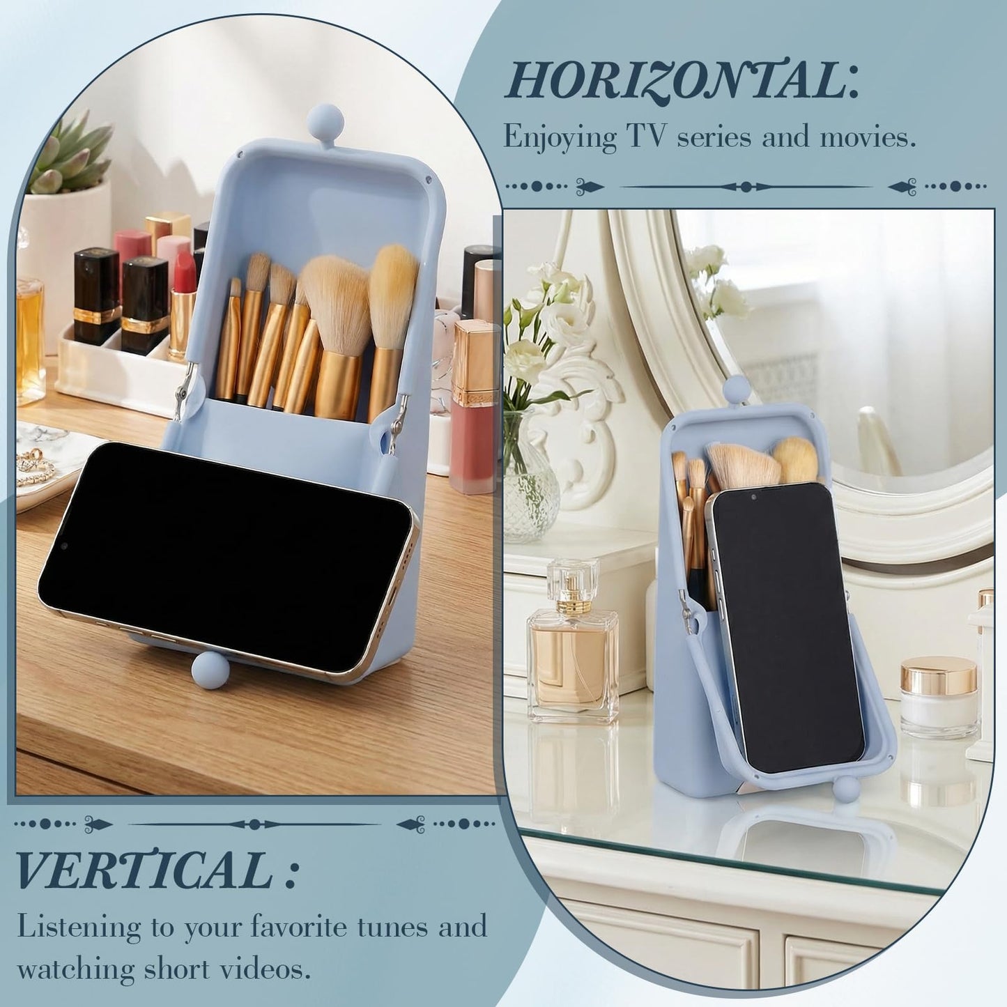 Kacctyen Makeup Brush Case Silicone Makeup Brush Holder Standing Silicone Make up Travel Bag Portable Cosmetic Case Organizer with Suction Base and Phone Stand Pouch for Travel Home Use(Light Blue)