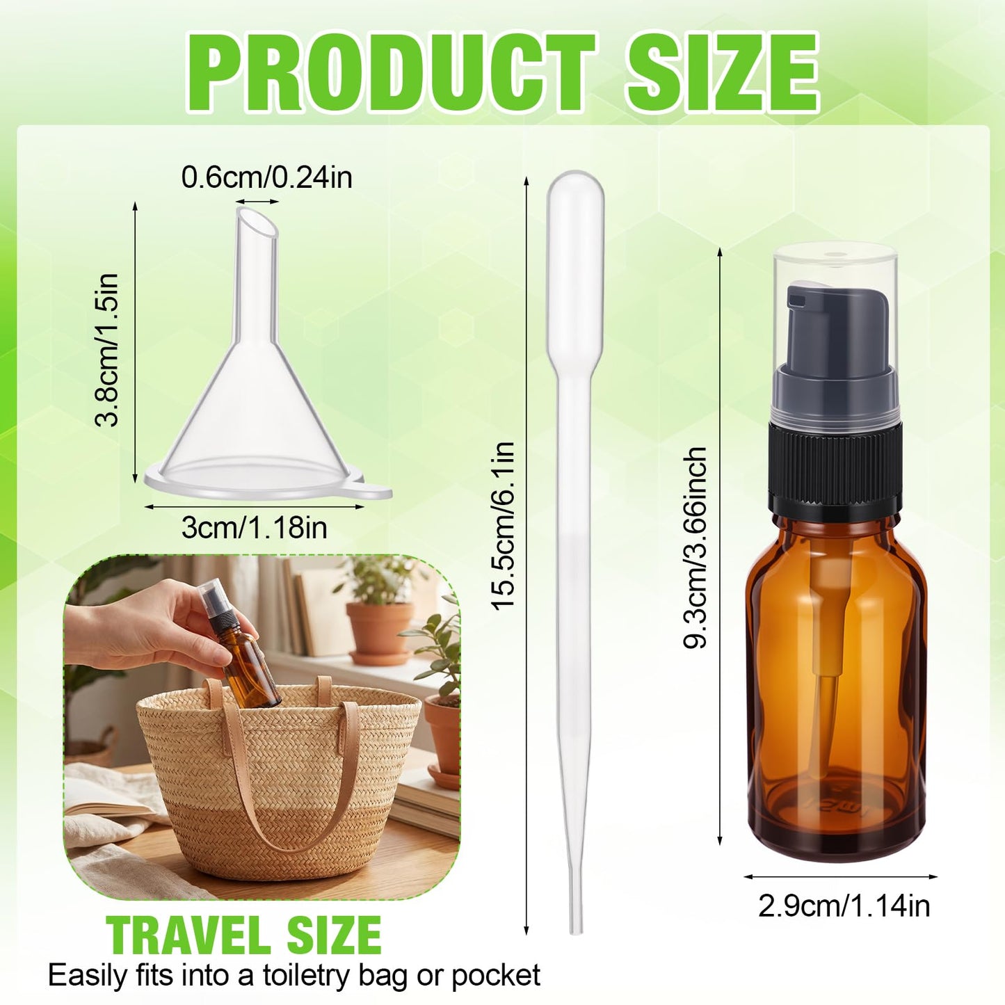 Yiyiring 50 Pcs 15ml Empty Refillable Amber Glass Pump Bottles with Clear Top, 6 Funnel, 6 Droppers, Travel Size Cosmetic Dispenser for Cream, Lotion, Sample, Liquids Aromatherapy