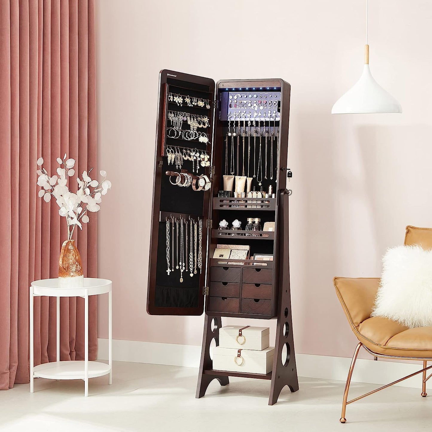 Hives and Honey Aria Free Standing Jewelry Armoire Cabinet – Lockable Full-Length Mirror with LED Lights, Velvet Storage Organizer, Walnut