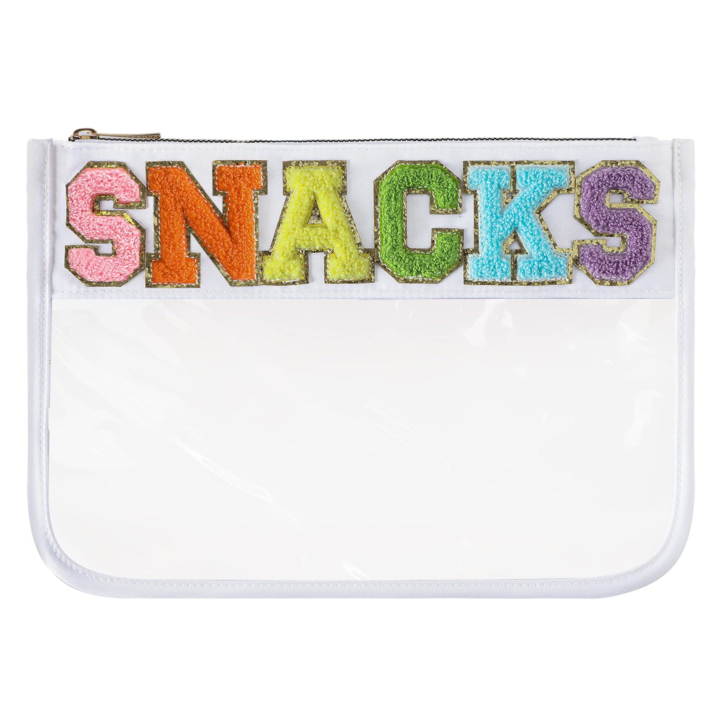 DYSHAYEN Chenille Letter Clear Zipper Pouch for Travel,Nylon Clear Cosmetic Bag,Makeup Travel Bag for Women Girls 11.8 Inches x 8.2 Inches (White-Snacks)